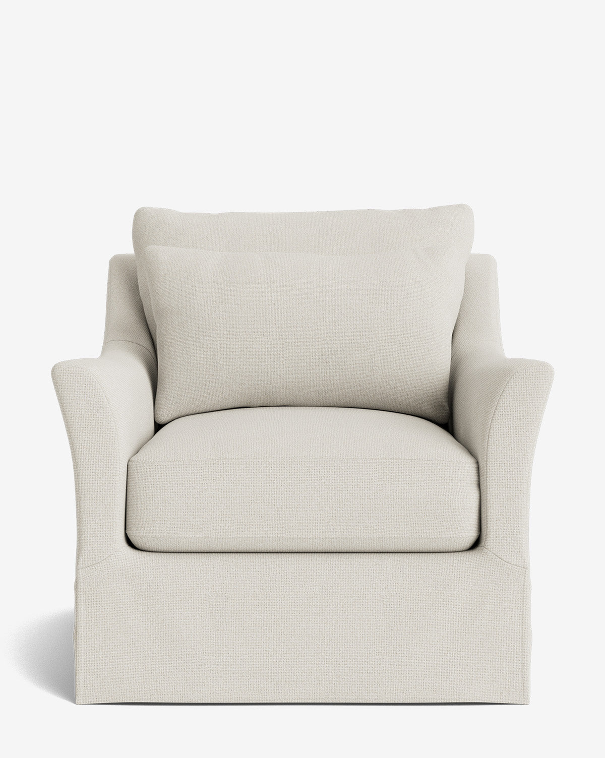 The Wilhelmina Slipcover Swivel Lounge Chair is a modern armchair with flared arms, plush cushioned seat, matching back pillow, and high-quality fabric upholstery, shown against a white background by McGee & Co.