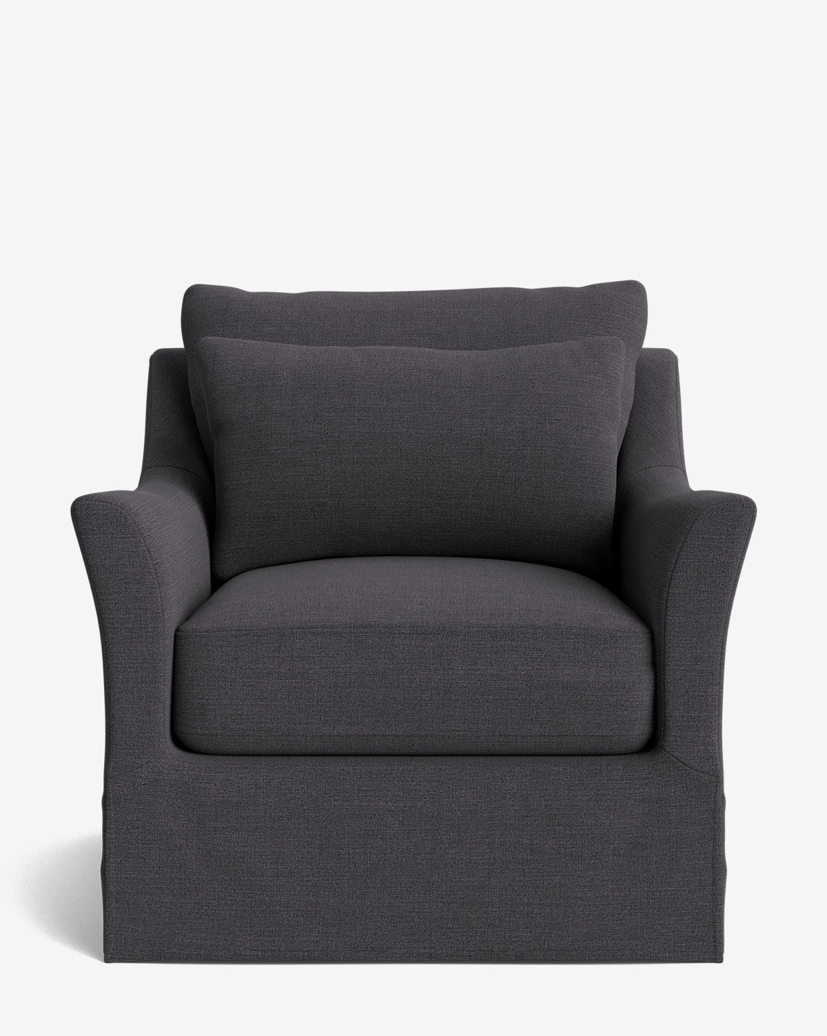 The Wilhelmina Slipcover Swivel Lounge Chair is a modern, dark gray upholstered armchair with wide armrests, a cushioned seat, and a matching backrest pillow crafted from high-quality fabric, shown front-facing on a plain white background by McGee & Co.