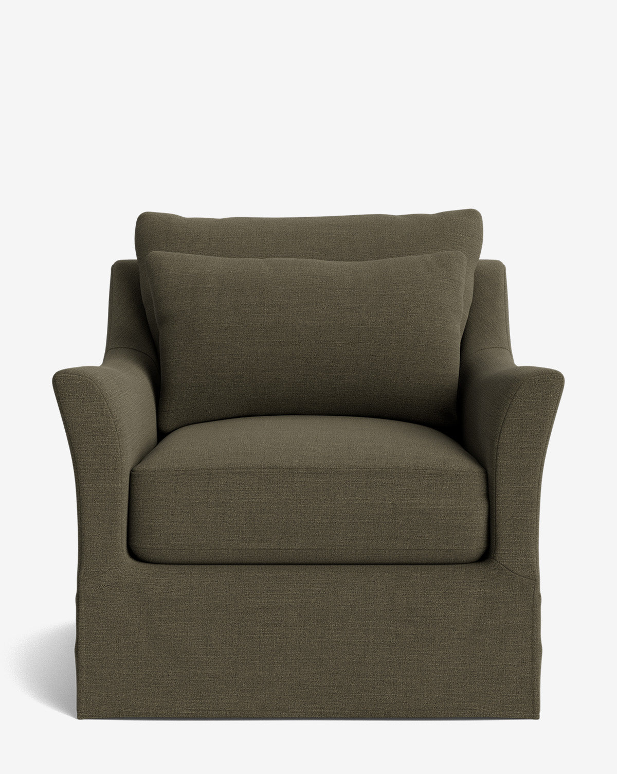 A front view of the Wilhelmina Slipcover Swivel Lounge Chair in dark olive green shows its plush seat and back cushion, slightly flared arms, and tailored skirt in premium fabric, all set against a plain white background by McGee & Co.