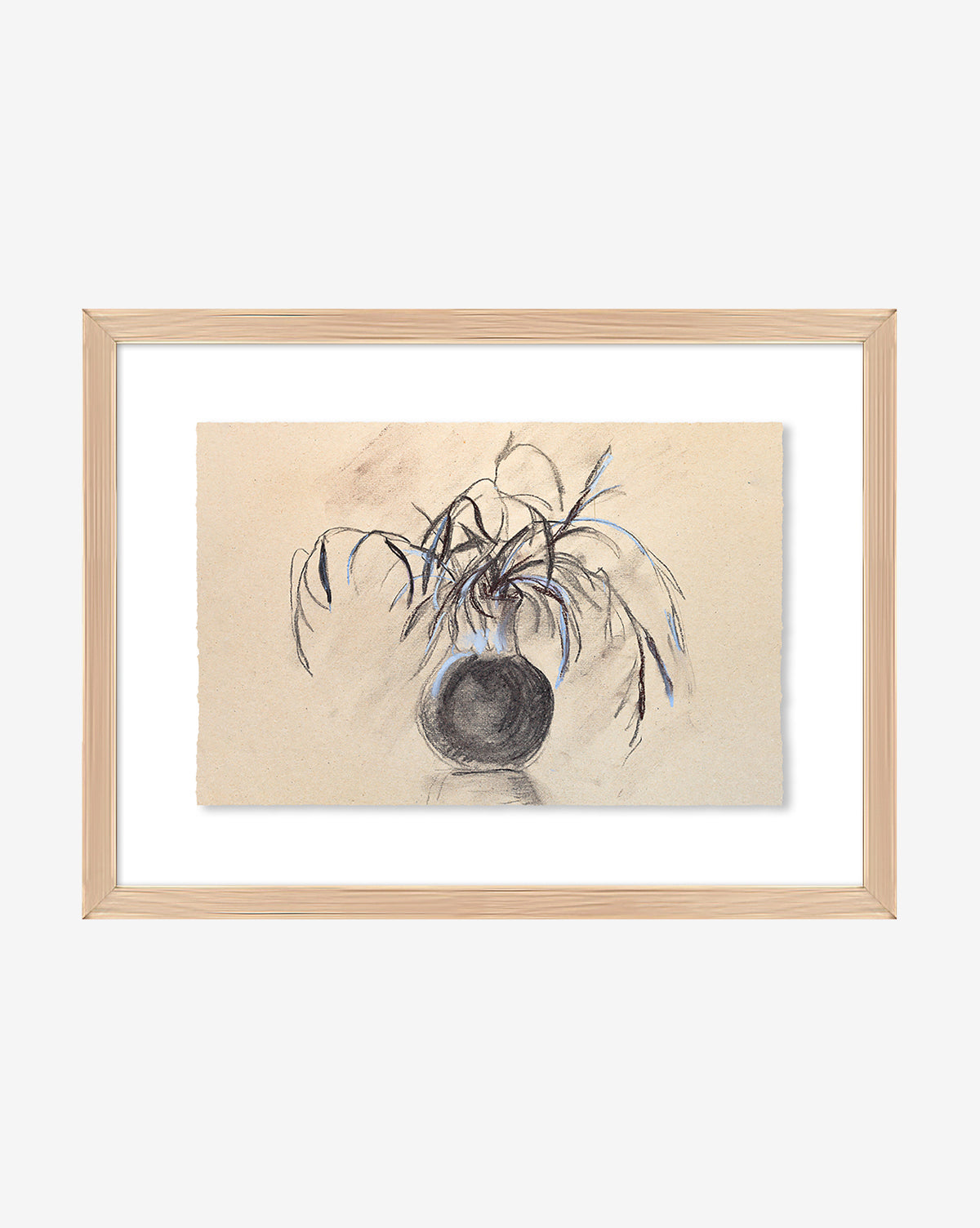 Framed fine art print titled Willow Branches, featuring a round vase with wilted leaves and subtle blue accents, sketched in soft pencil on textured beige paper as a minimal botanical still life.