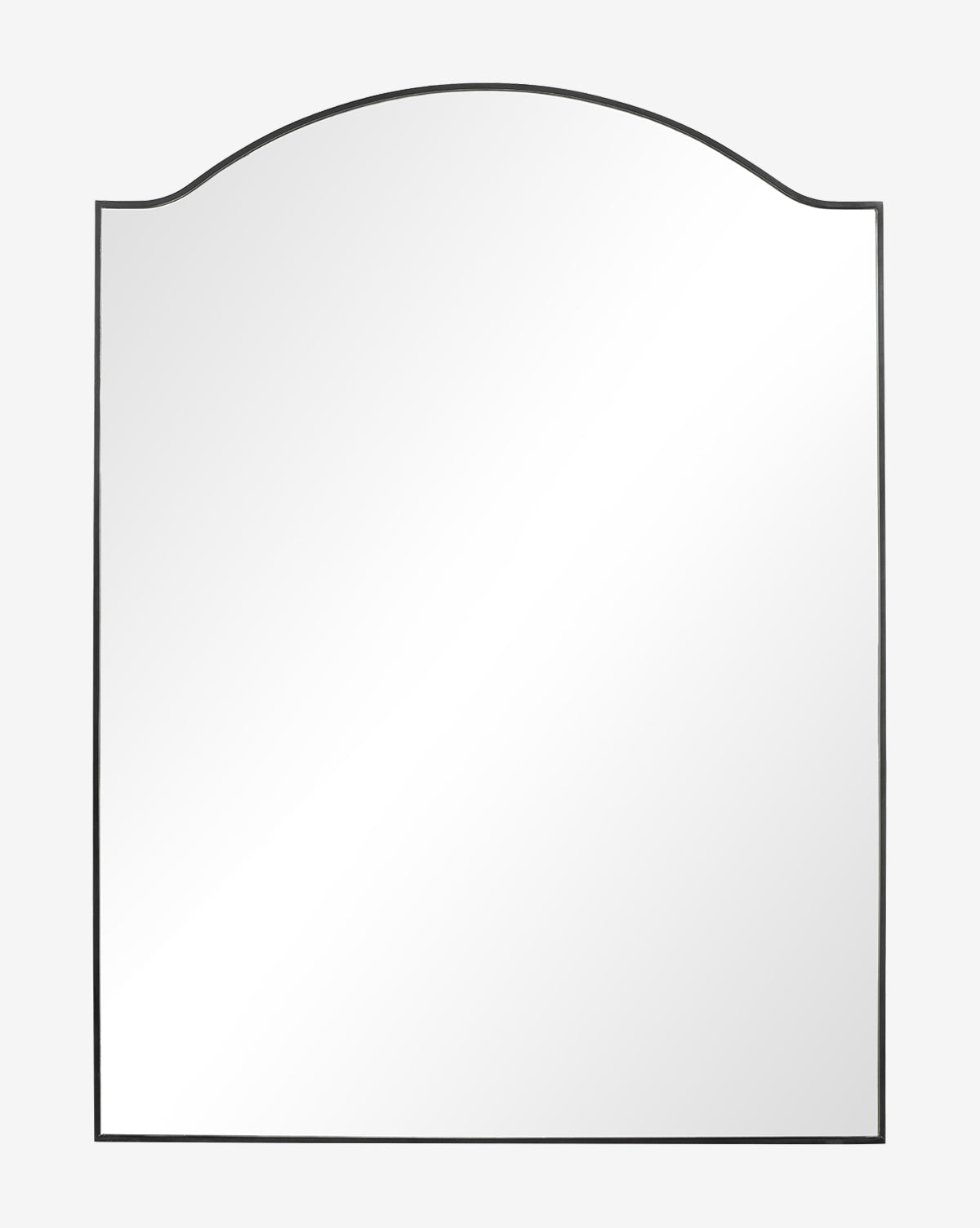 The Willson Floor Mirror is a large, rectangular mirror with an arched top and a sleek black gunmetal iron frame, shown against a plain white background by McGee & Co.