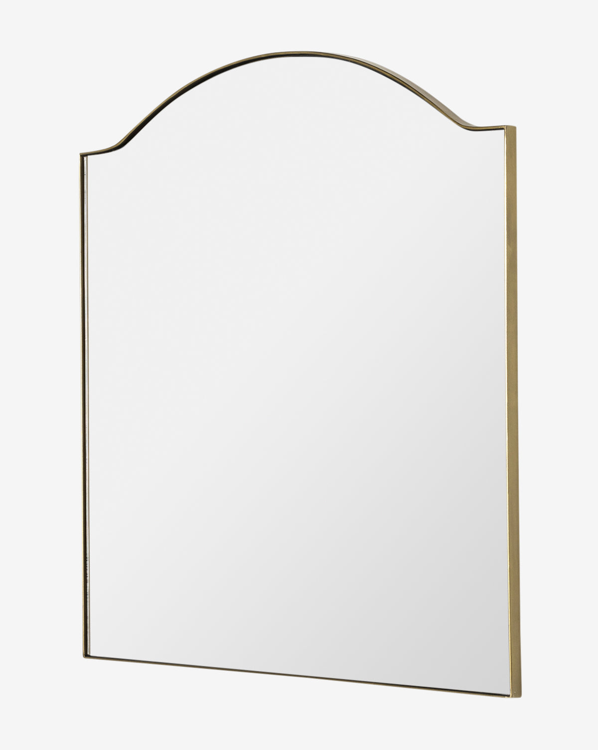 The Willson Wall Mirror features a rectangular design with a gold iron frame and an arched top, displayed at a slight angle against a white background, by McGee & Co.