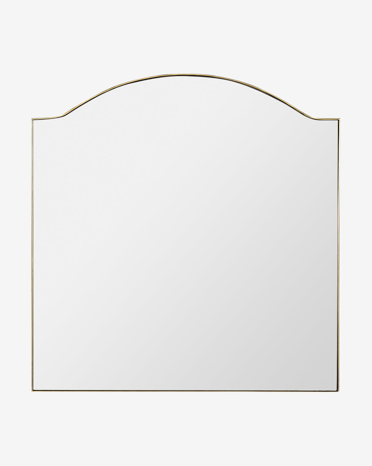 The Willson Wall Mirror has a rectangular shape, a slim gold iron frame, and a softly curved top edge, all showcased on a white background, by McGee & Co.