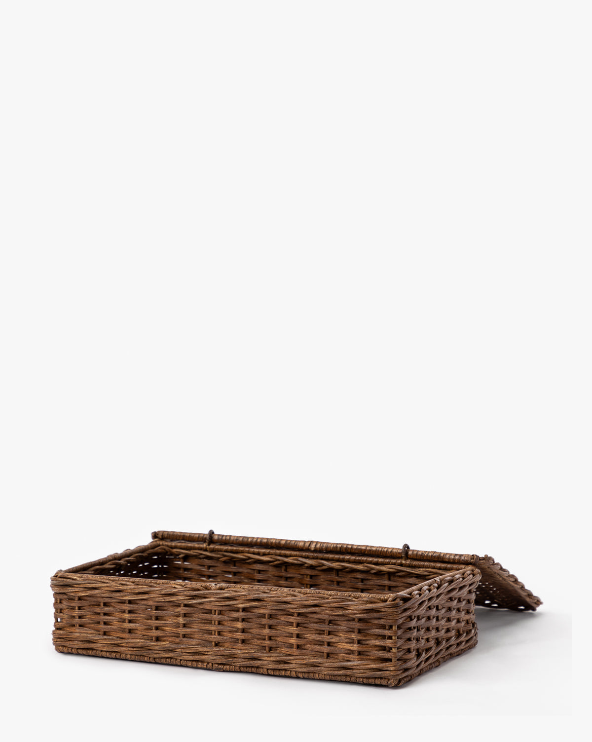 The Windmere Woven Box, a rectangular rattan storage container with an open hinged lid, is displayed against a plain white background by McGee & Co.
