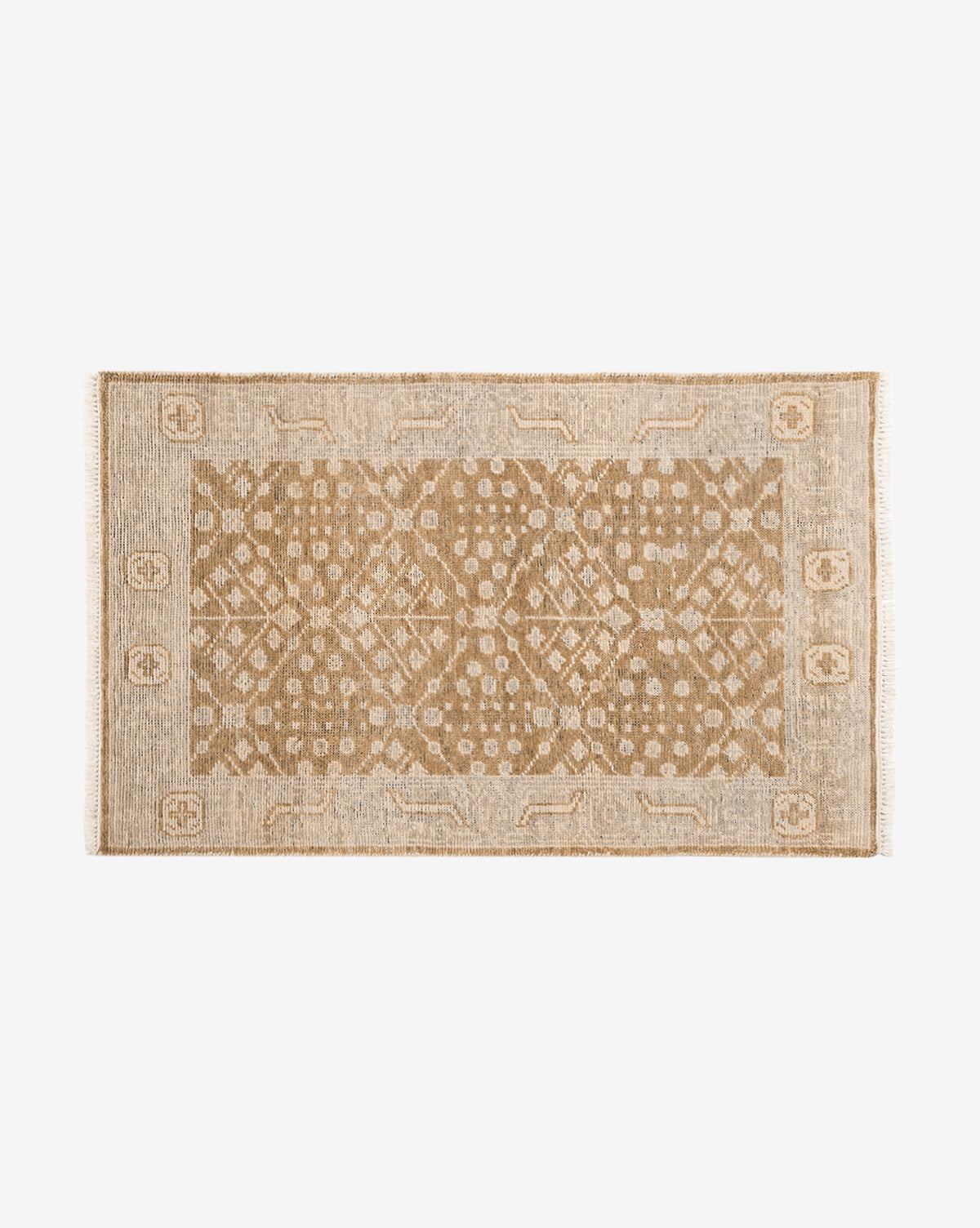 The Windsor Hand-Knotted Wool Rug features a rectangular shape with a beige and tan geometric center pattern, framed by a lighter border with subtle decorative motifs, shown on a white background, by McGee & Co.