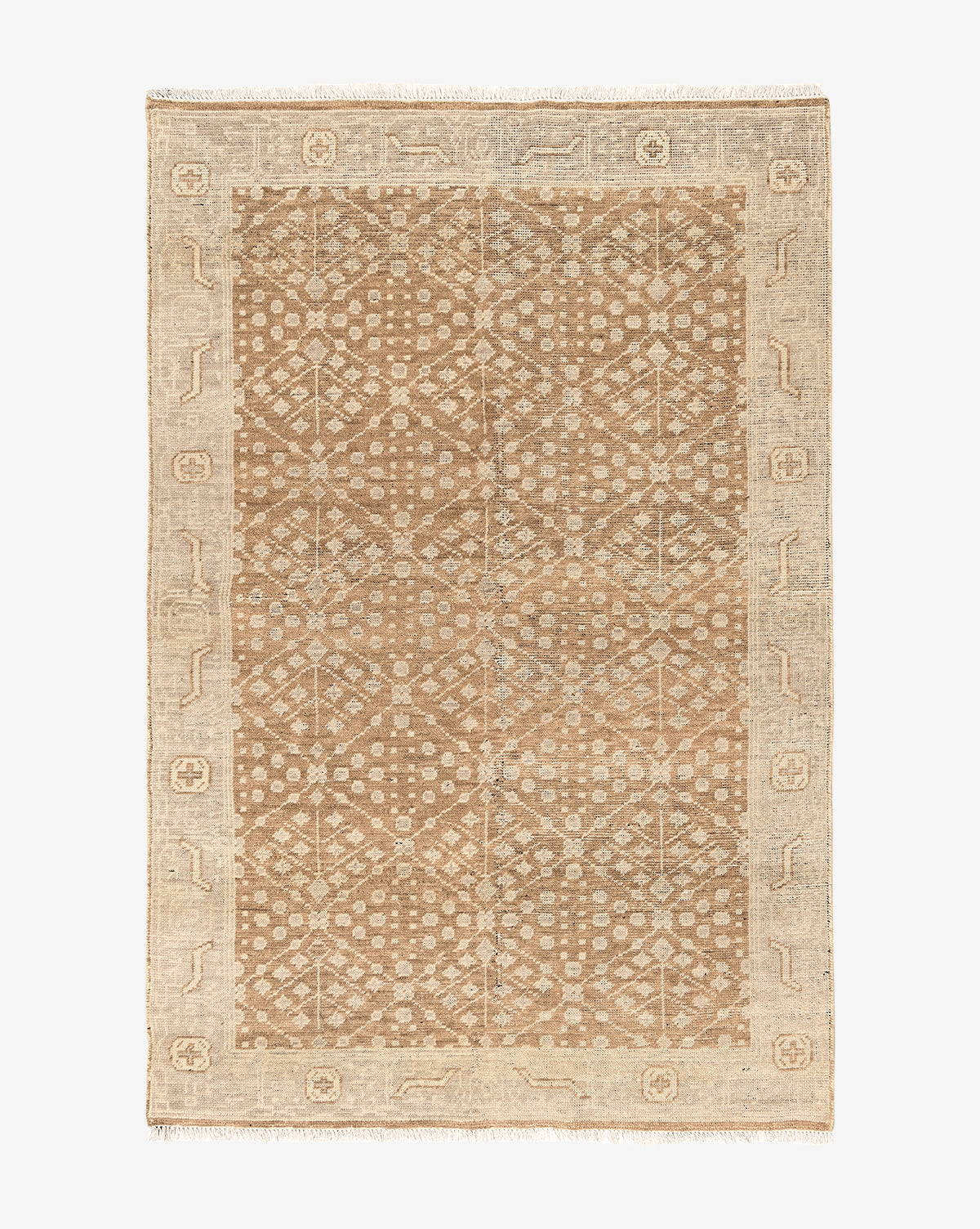 The Windsor Hand-Knotted Wool Rug in beige and light brown showcases a detailed central pattern, contrasting border with simple motifs, and short fringe—crafted from wool for lasting style and durability, by McGee & Co.