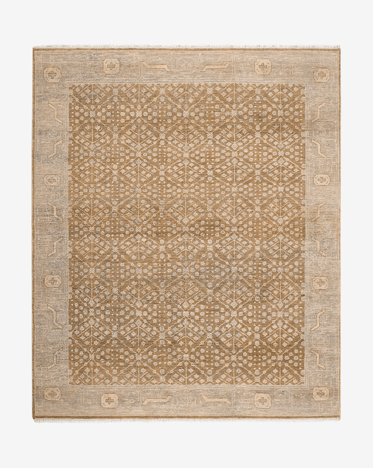 The Windsor Hand-Knotted Wool Rug is square, in beige and tan, with a central geometric diamond and floral pattern, framed by a wide border of abstract shapes and motifs, by McGee & Co.