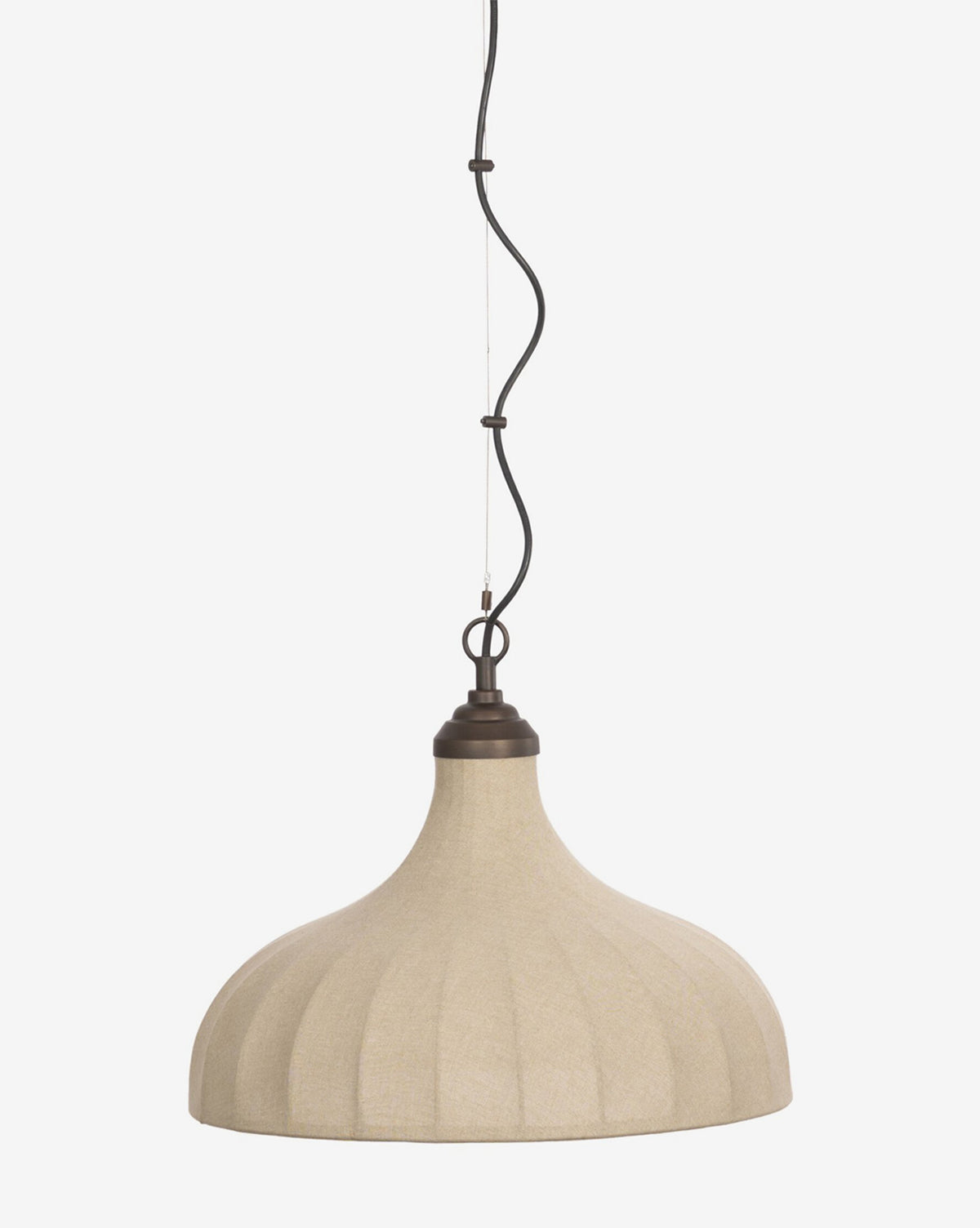 The Winslet Pendant features a beige, dome-shaped linen shade and a dark metal fixture, suspended by a black wavy cord against a plain white background—a timeless piece of modern lighting, by McGee & Co.