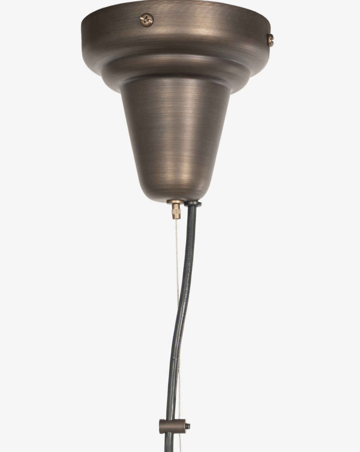 Close-up of the Winslet Pendant's bronze canopy in a conical shape, mounted to the ceiling with black wiring—ideal for modern lighting or pairing with a linen shade, by McGee & Co.