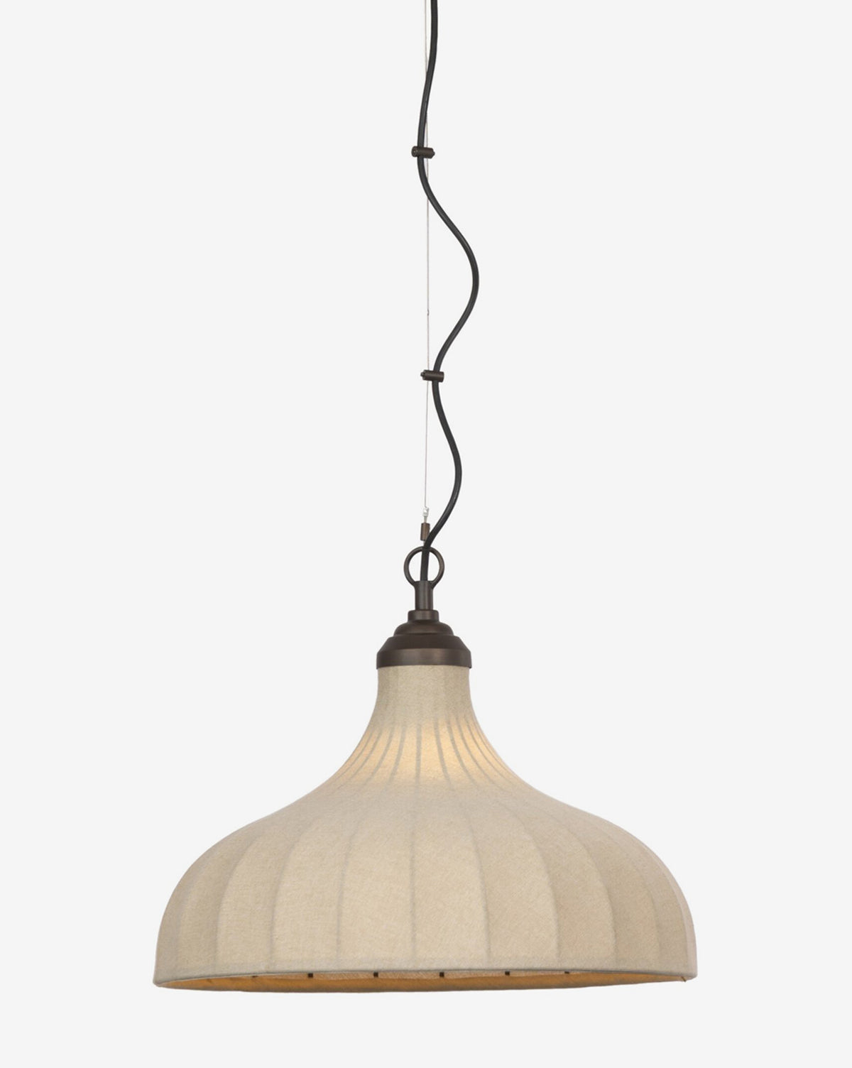The Winslet Pendant features a beige, dome-shaped design with a pleated linen shade and black cord, suspended against a white background—an ideal modern lighting choice for any space, by McGee & Co.