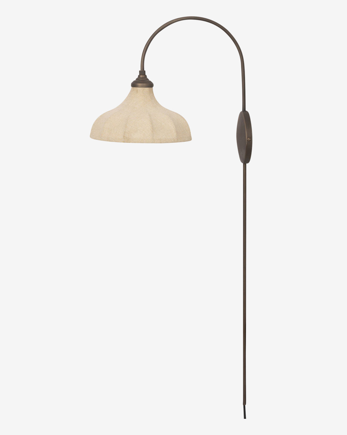 The Winslet Sconce is a wall-mounted plug-in fixture featuring a curved dark metal arm and a beige scalloped linen shade, shown against a plain white background, by McGee & Co.