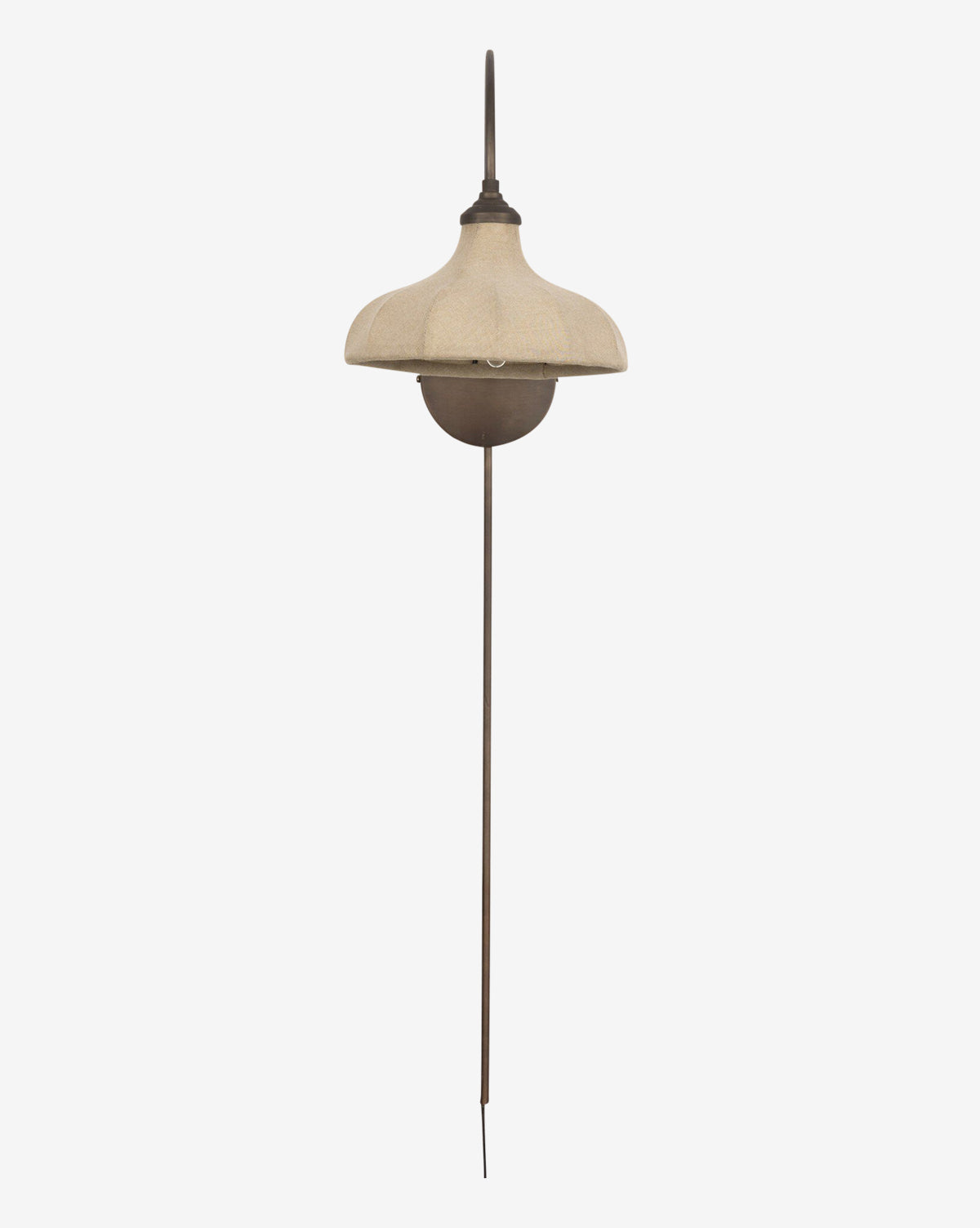 The Winslet Sconce is a vintage outdoor garden light featuring a beige, mushroom-shaped linen shade, a dark metal base, and a long stake for easy ground placement, by McGee & Co.