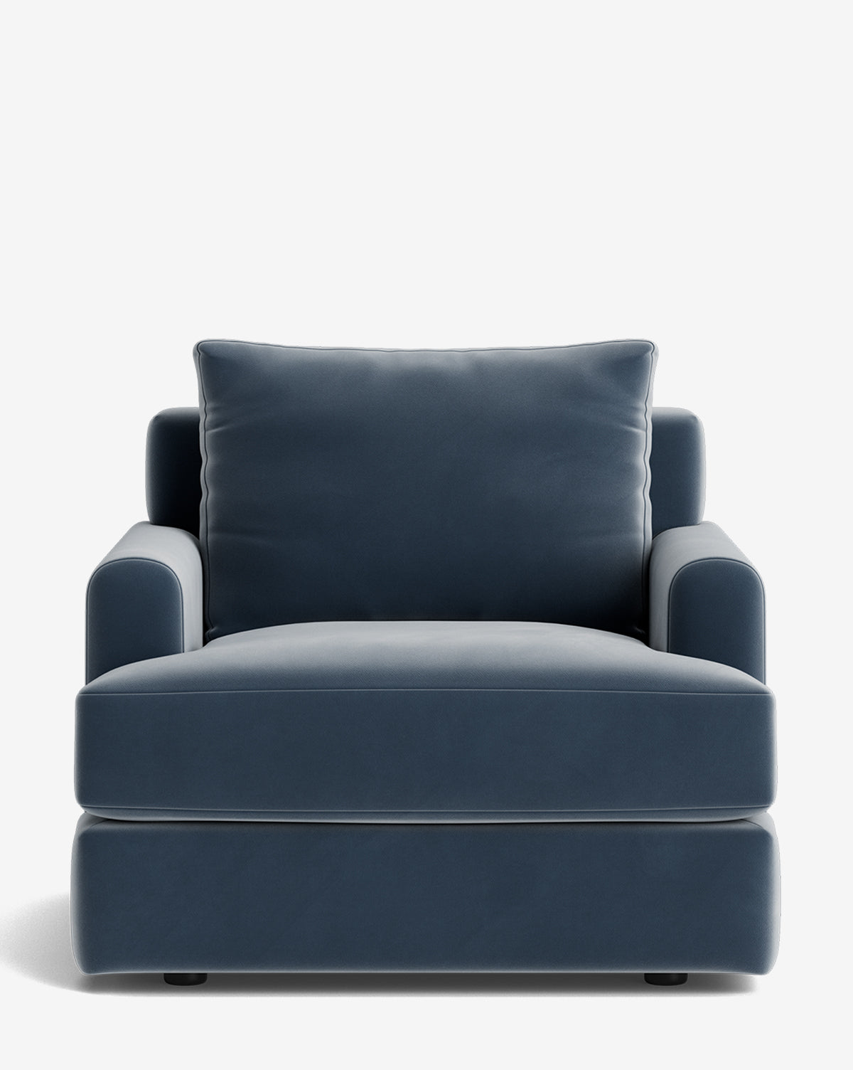 The Winthrop Lounge Chair is a modern piece in deep blue with wide, cushioned seat and backrest, rounded armrests, and a boxy silhouette, shown against a plain white background by McGee & Co.