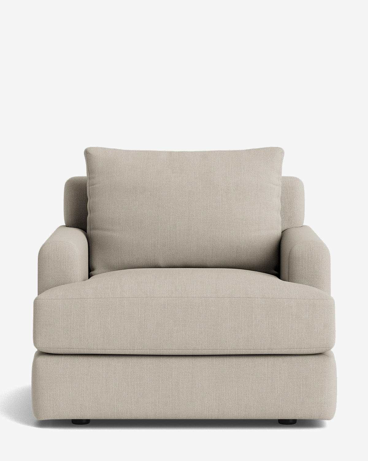The Makerspalm Winthrop Lounge Chair features beige upholstery, a wide cushioned seat and backrest, rounded armrests, and a modern minimalist design in customizable fabric, displayed against a white background. McGee & Co.