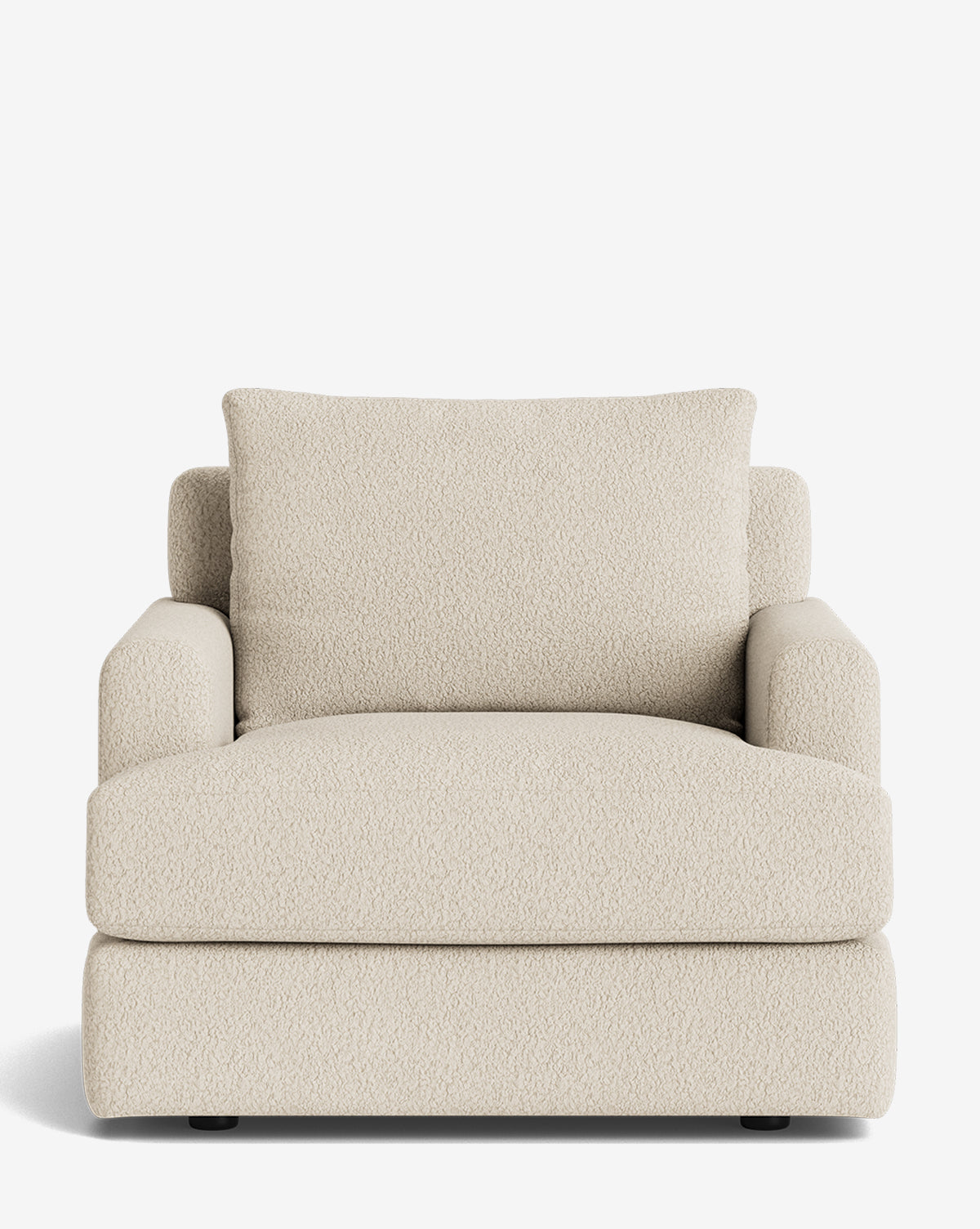 Front view of the Winthrop Lounge Chair, a modern piece upholstered in textured cream fabric with wide armrests, thick seat cushion, and large back cushion, shown against a plain white background by McGee & Co.