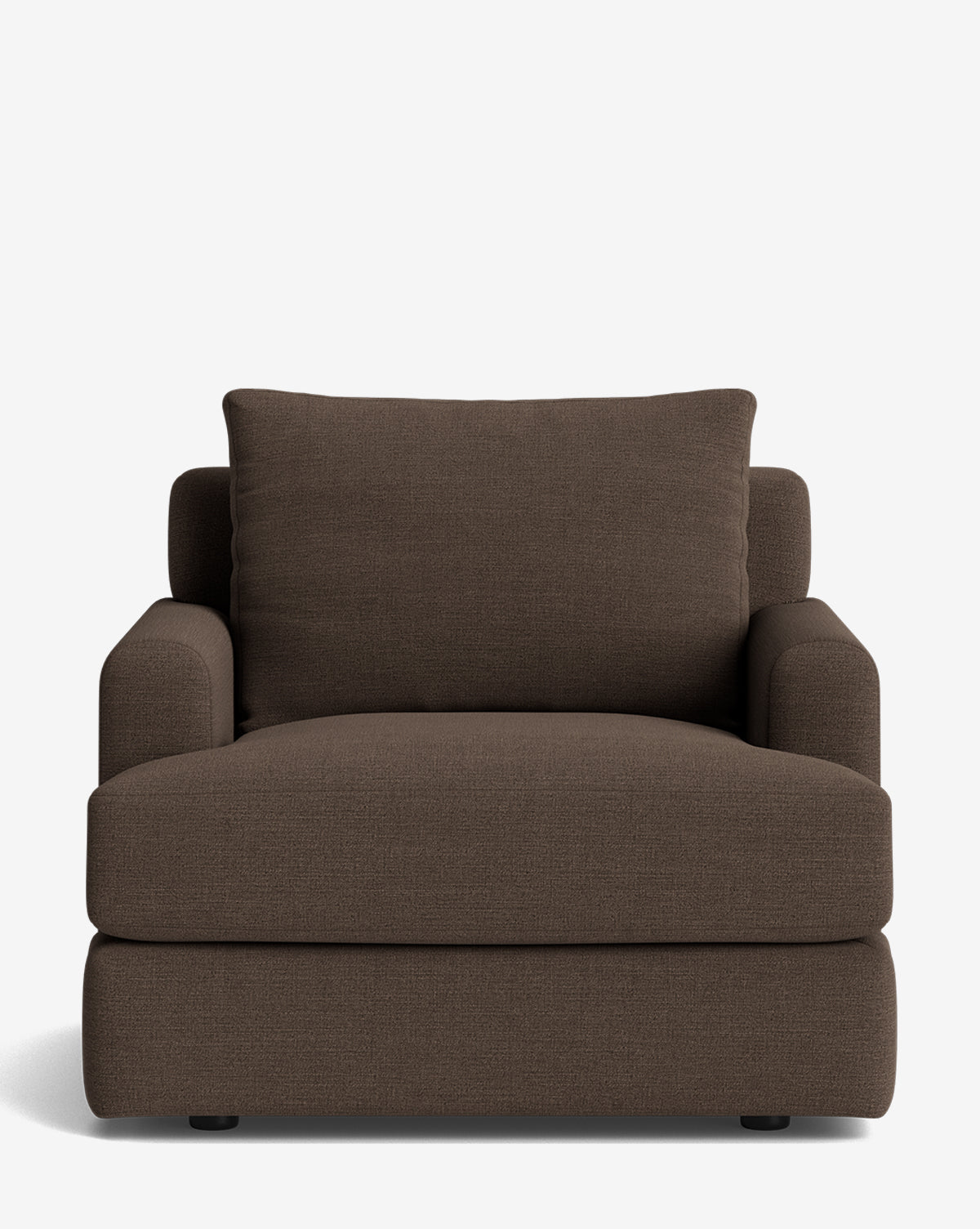 The Winthrop Lounge Chair is a wide, plush seat with a thick cushion, large back pillow, and rounded armrests in dark brown fabric—perfect for classic comfort and modern style, by McGee & Co. Displayed against a plain white background.