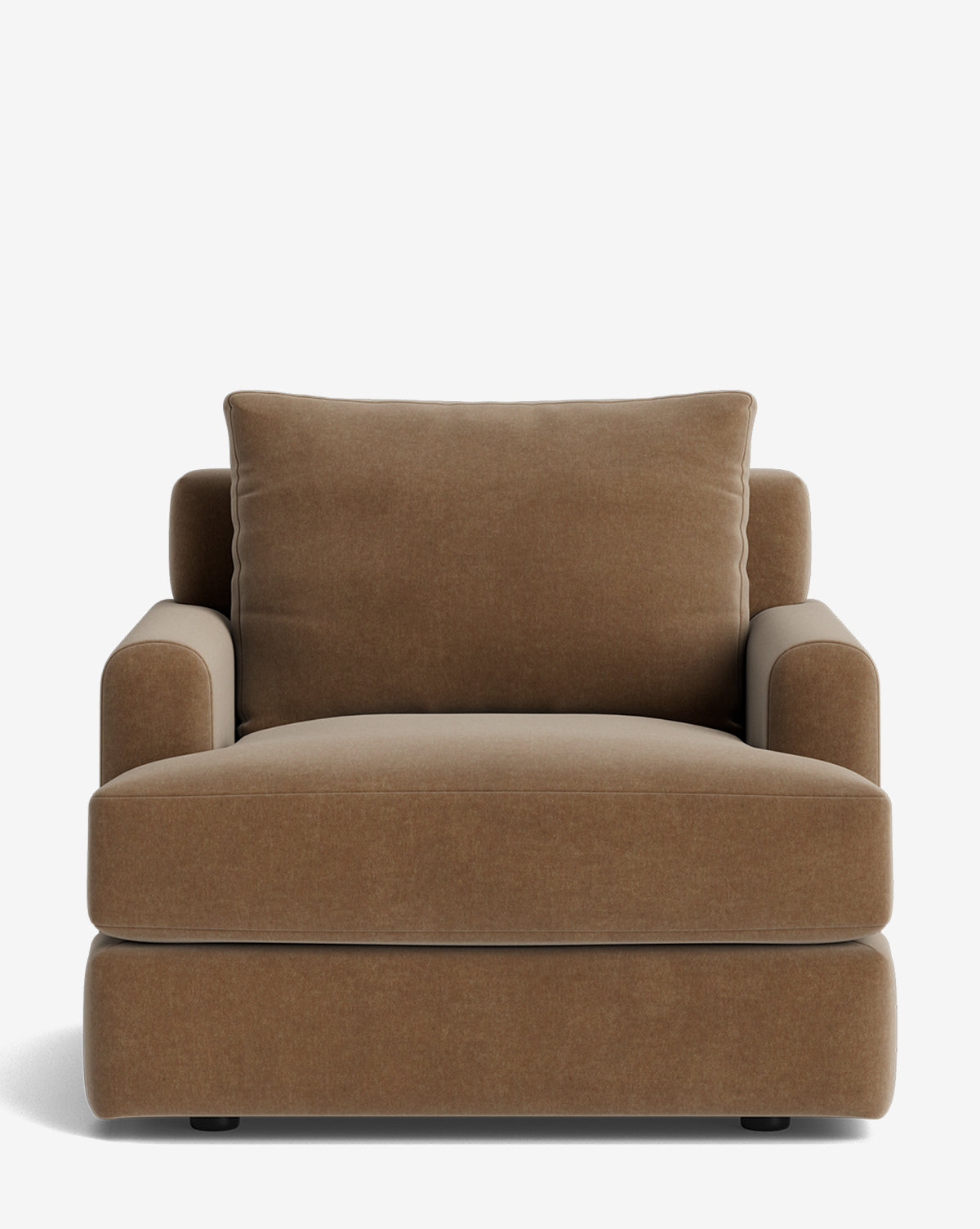 The Winthrop Lounge Chair, shown from the front against a plain white background, is large and brown with thick upholstered cushions and rounded armrests, by McGee & Co.