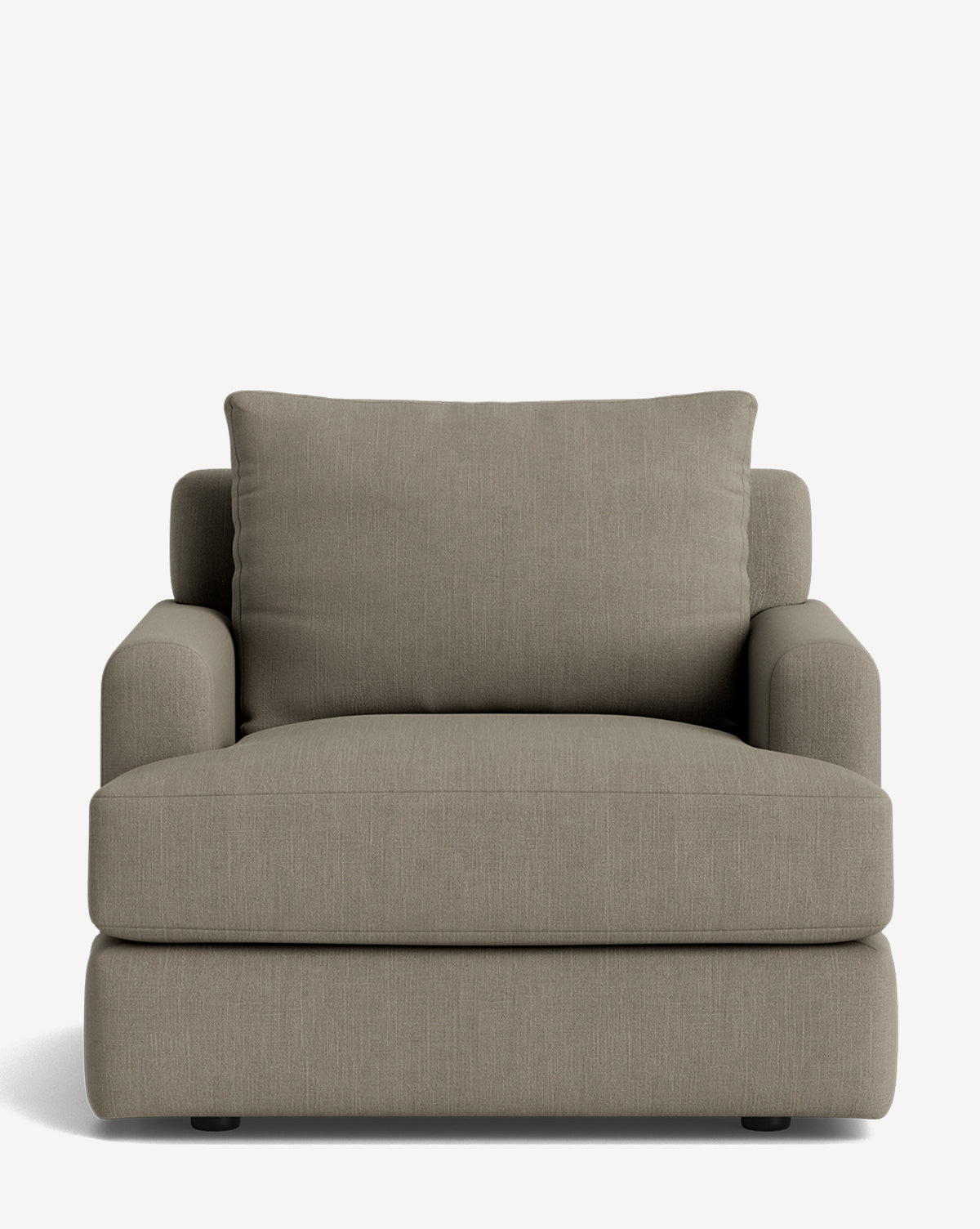 The Winthrop Lounge Chair is a large, modern seat upholstered in light gray fabric with a wide seat, thick cushion, and matching backrest, shown from the front on a plain white background by McGee & Co.