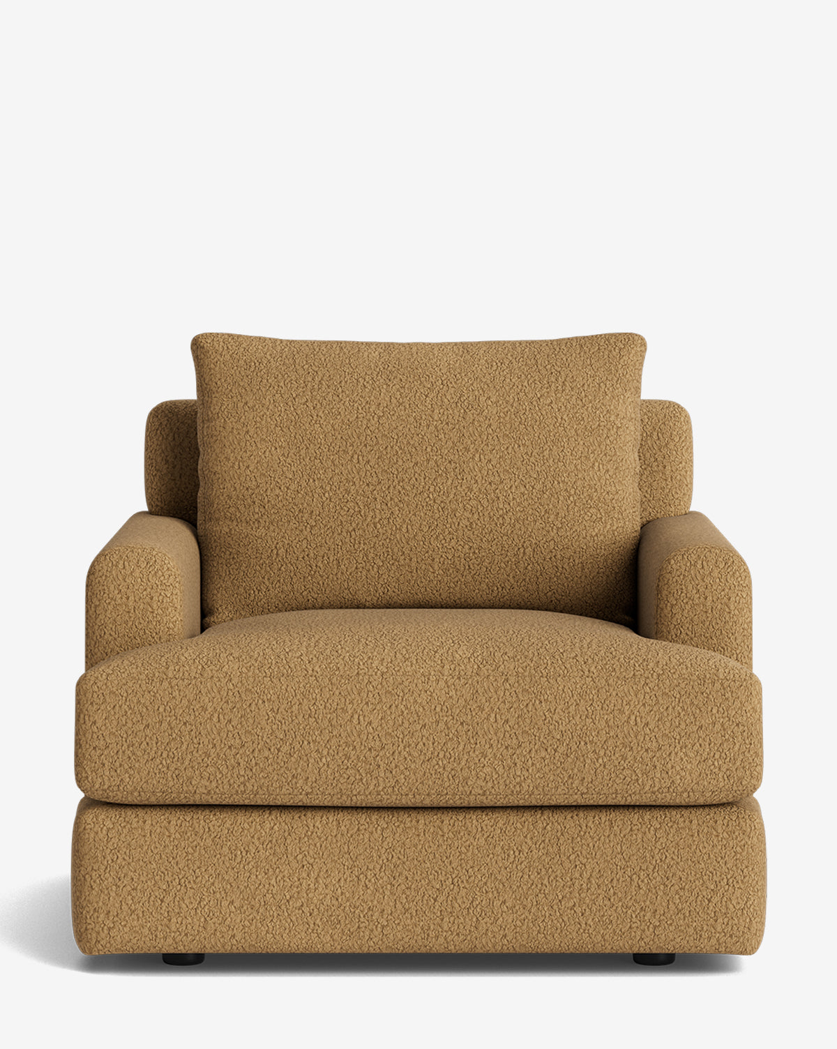 The Winthrop Lounge Chair is a wide, modern seat with soft, textured light brown upholstery, plush seat, back, and arm cushions, by McGee & Co. This customizable chair sits on short black feet against a plain white background.