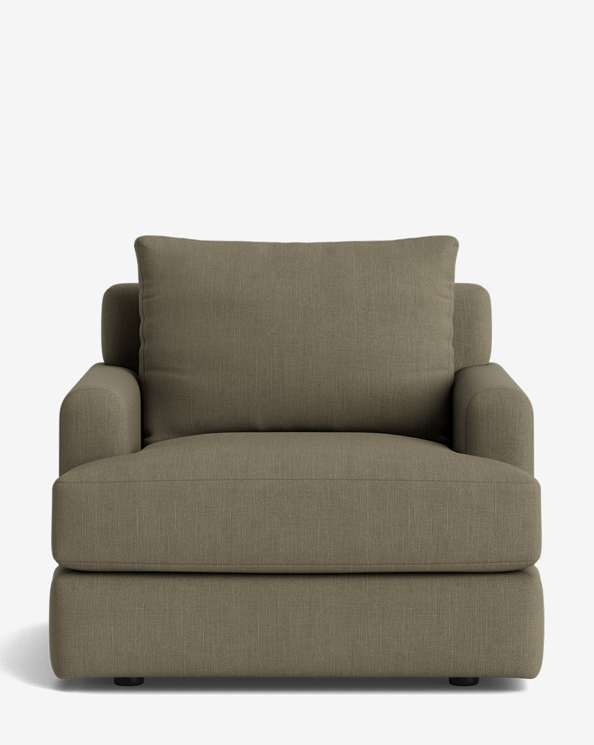 The Winthrop Lounge Chair, shown in olive-green upholstery with a thick seat cushion, plush backrest, and rounded armrests against a white background, offers modern comfort and style, by McGee & Co.