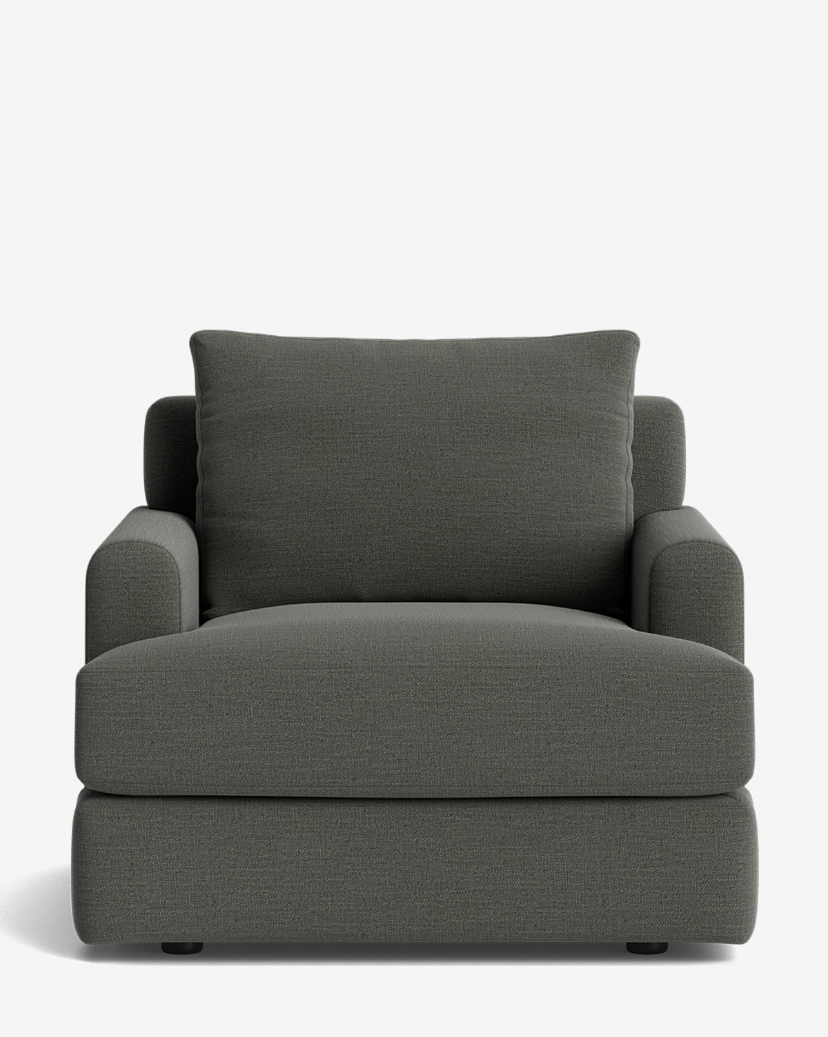 A front-facing view of the Winthrop Lounge Chair, a modern lounge chair with a wide seat, plush cushion, and matching backrest pillow in dark gray, shown against a plain white background by McGee & Co.