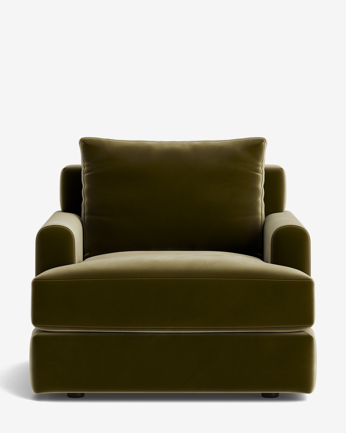 Front view of the Winthrop Lounge Chair in olive-green velvet, with a wide seat, plush back cushion, and rectangular armrests—an inviting, customizable piece shown against a white background, by McGee & Co.