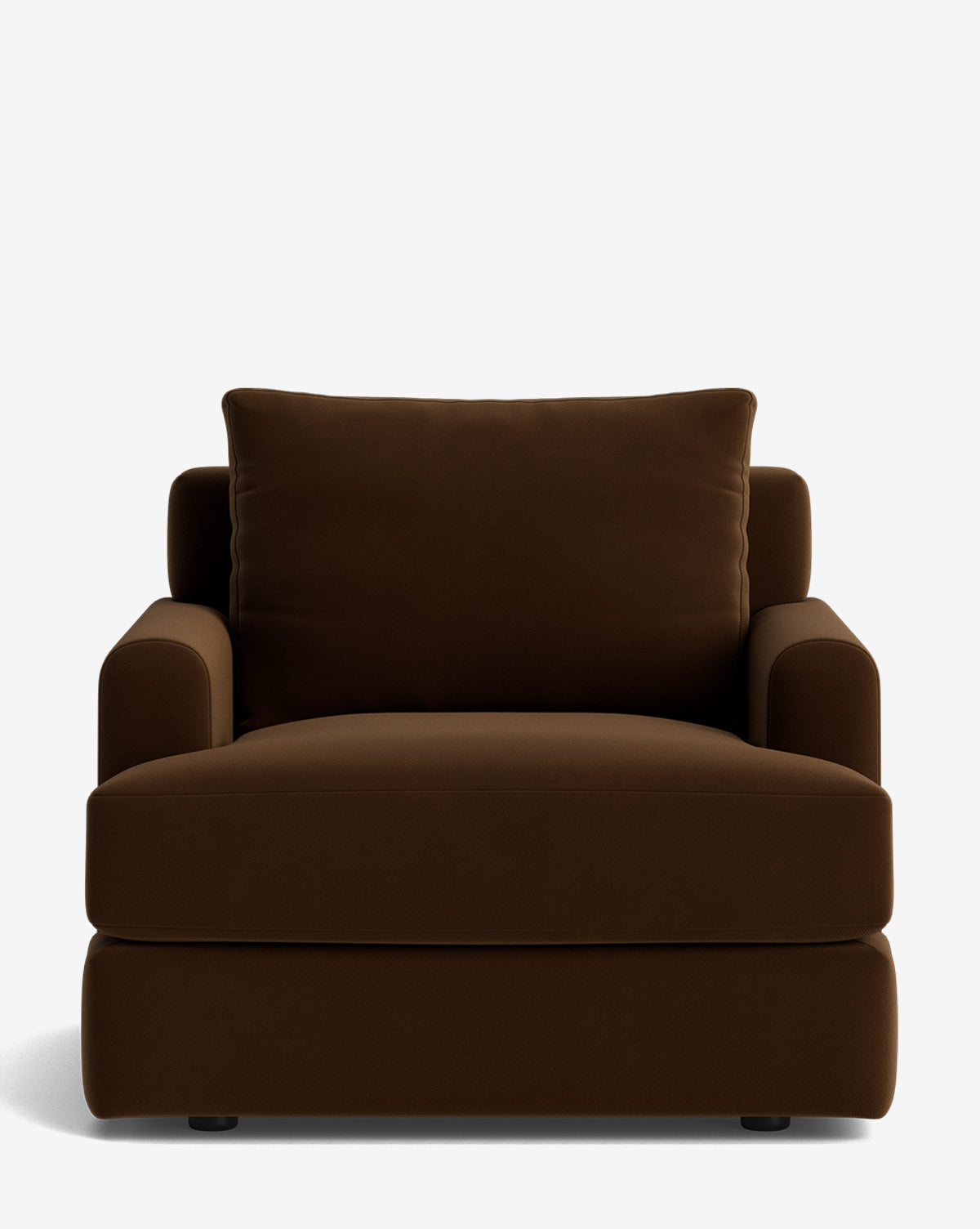 The Winthrop Lounge Chair is a plush, modern lounge chair with wide armrests and thick seat and back cushions, upholstered in dark brown fabric. It is shown against a plain white background by McGee & Co.