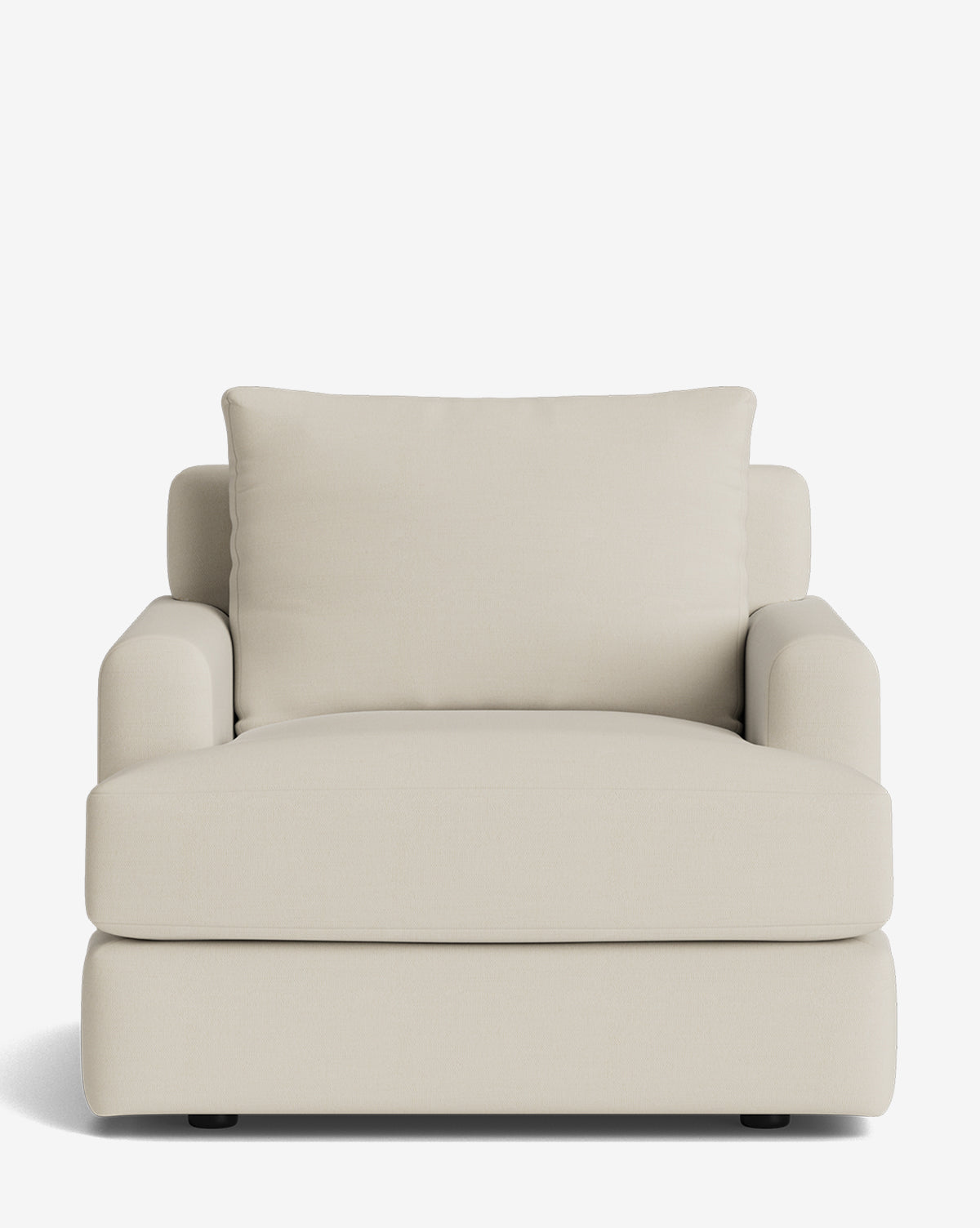 The Winthrop Lounge Chair features light beige upholstery, a thick seat cushion, wide arms, and a large back cushion, by McGee & Co. Its modern design is showcased against a plain white background.