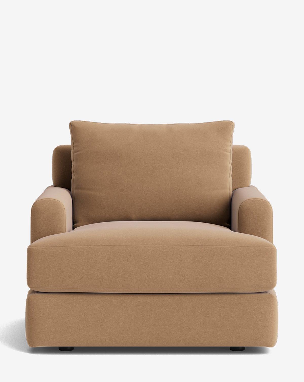 The Winthrop Lounge Chair is a wide, modern lounge chair with light brown, soft fabric upholstery, a thick seat cushion, rounded armrests, and a large matching back cushion on a plain white background by McGee & Co.