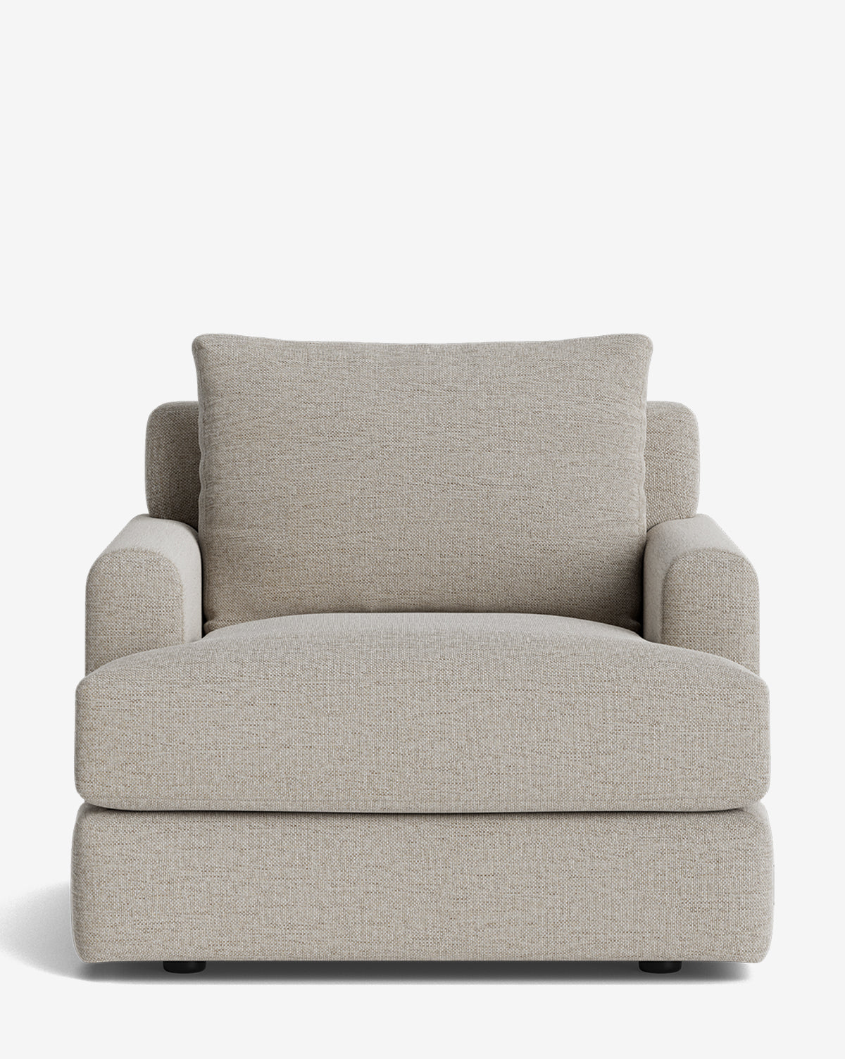 Front view of the Winthrop Lounge Chair, featuring light beige upholstery, a spacious cushioned seat and backrest, wide armrests, and a minimalist design, set against a plain white background by McGee & Co.