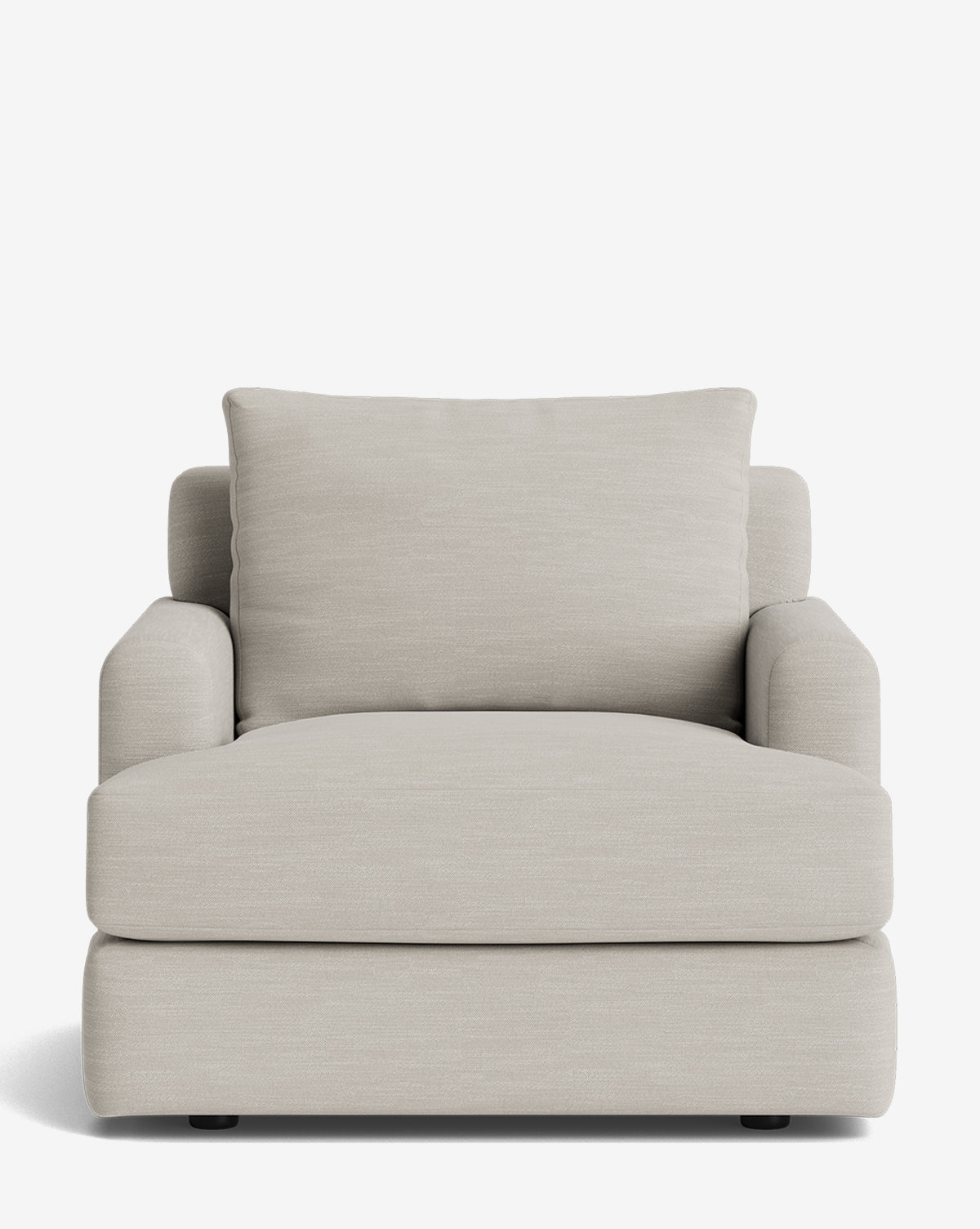 The Winthrop Lounge Chair, upholstered in light beige fabric with plush seat and back cushions and rounded armrests, offers customizable comfort—a stylish modern lounge chair shown against a plain white background, by McGee & Co.