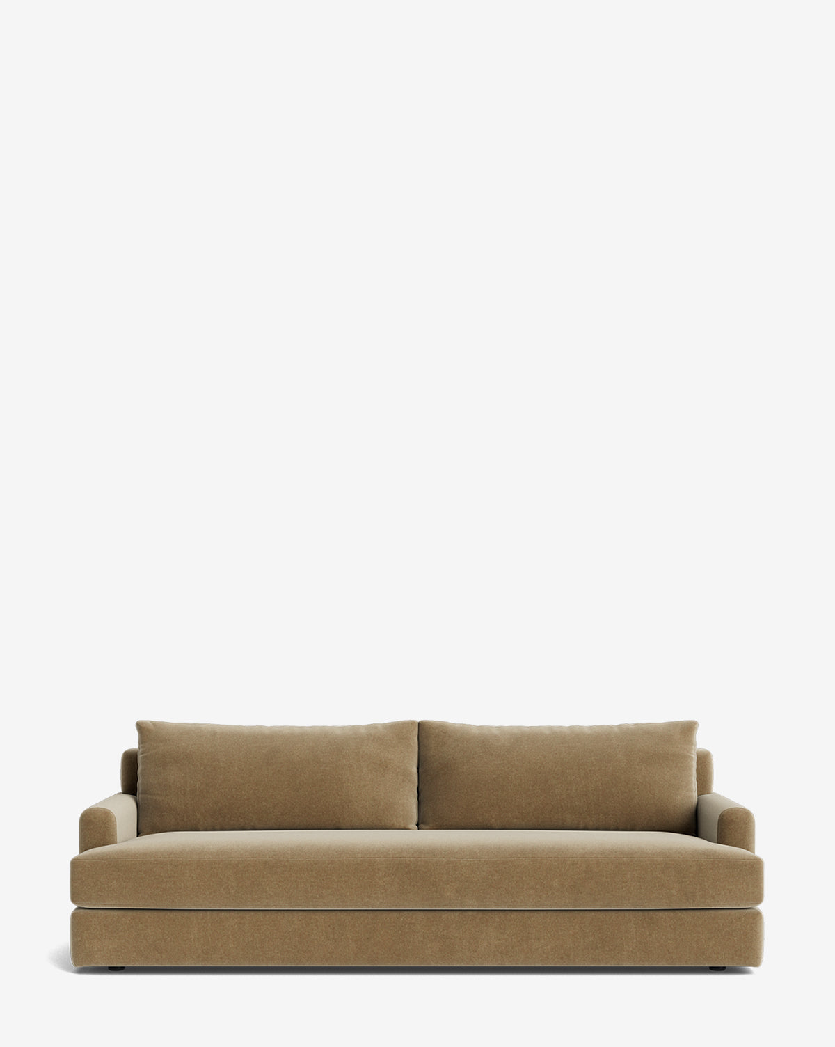 A modern, tan upholstered Winthrop Sofa 90 with two large back cushions and wide armrests, seen from the front against a plain white background by McGee & Co.