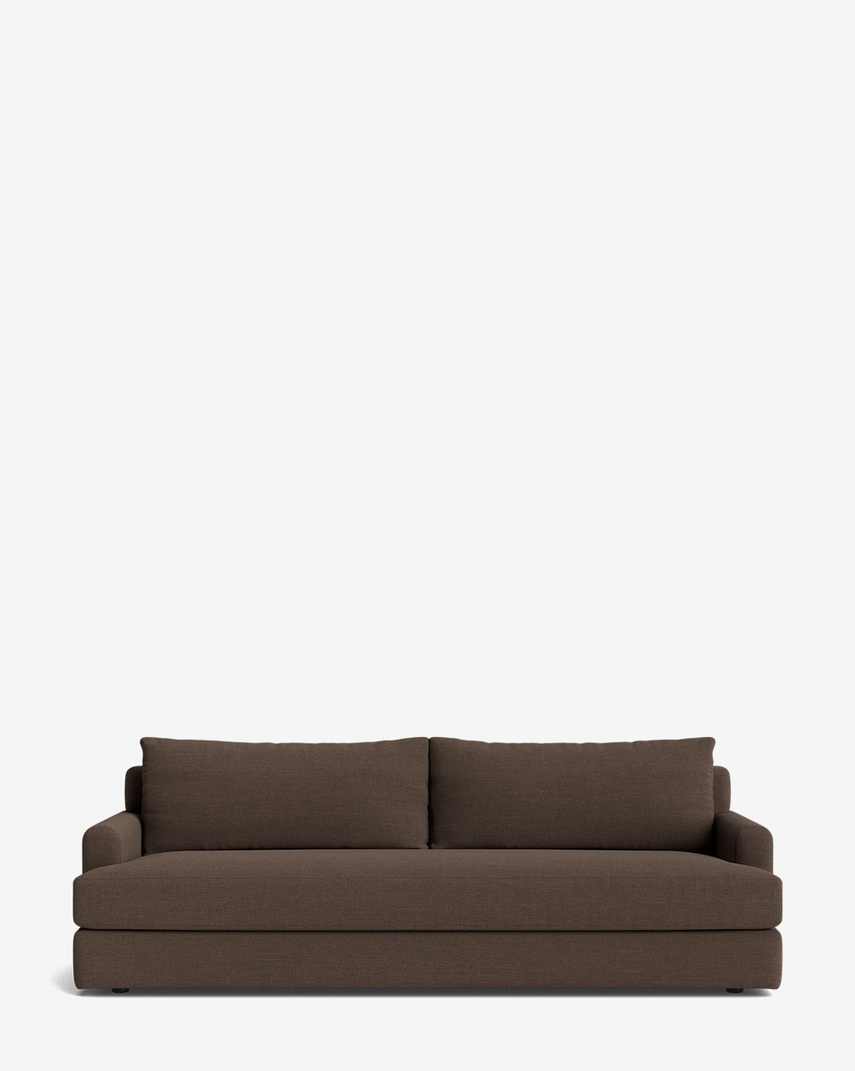 The Winthrop Sofa 90 is a modern, dark brown upholstered sofa with two seat cushions and two large backrest pillows, shown against a plain white background. This contemporary piece adds style and comfort to any living space by McGee & Co.