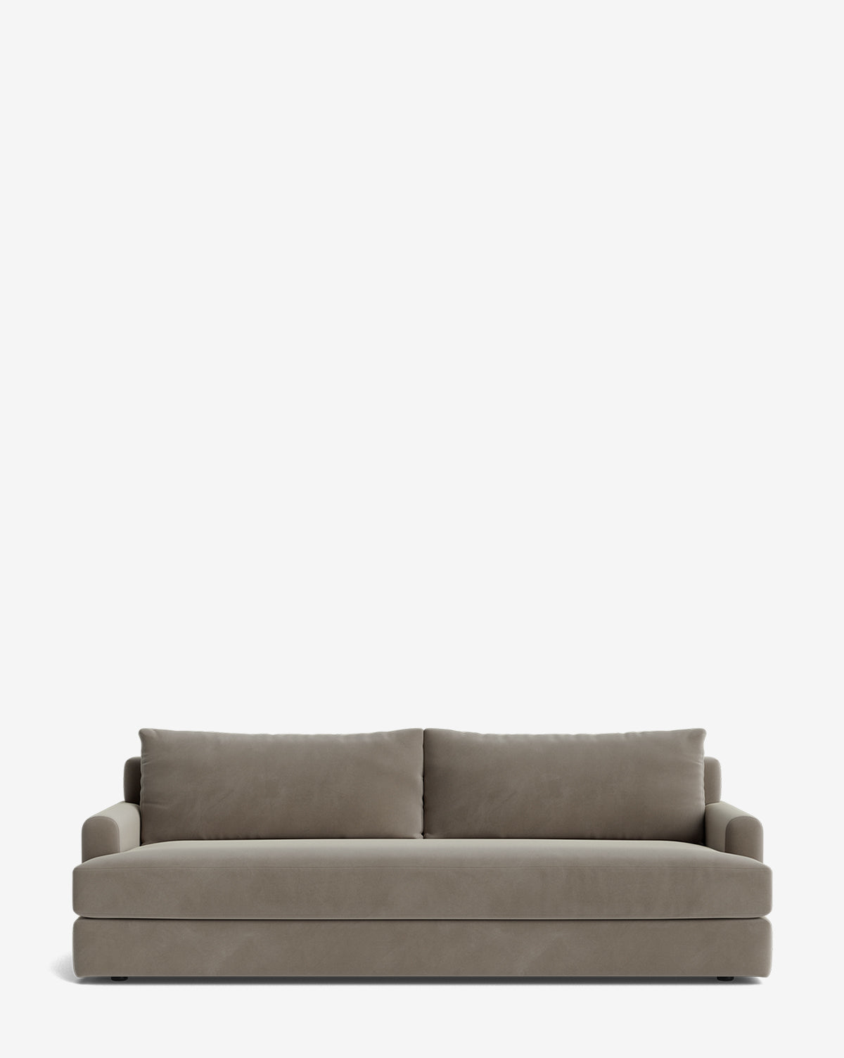The Winthrop Sofa 90 is a modern, rectangular sofa in taupe with two large seat cushions and two backrest pillows, shown against a plain white background, by McGee & Co.