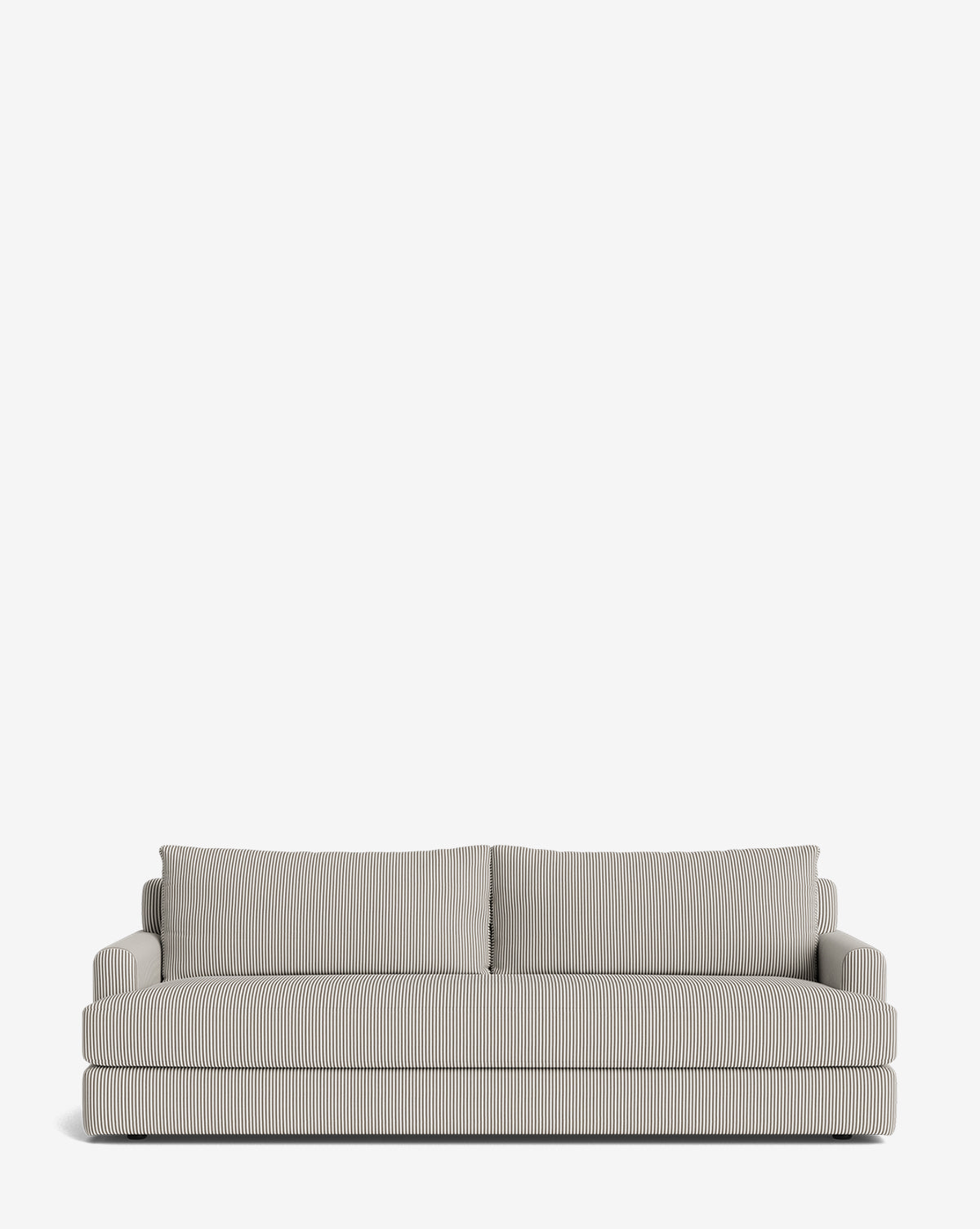 A contemporary beige Winthrop Sofa 90 with narrow vertical stripes and two large back cushions, set against a plain white background—perfect for any stylish space, by McGee & Co.