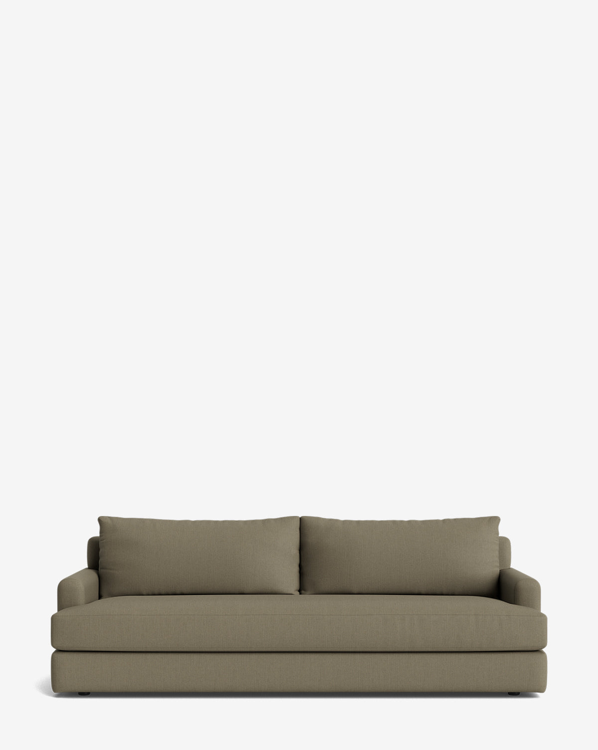 The Winthrop Sofa 90 is a modern, minimalist olive green sofa with two large matching back cushions and low arms, shown against a plain white background—ideal for stylish, uncluttered living spaces by McGee & Co.