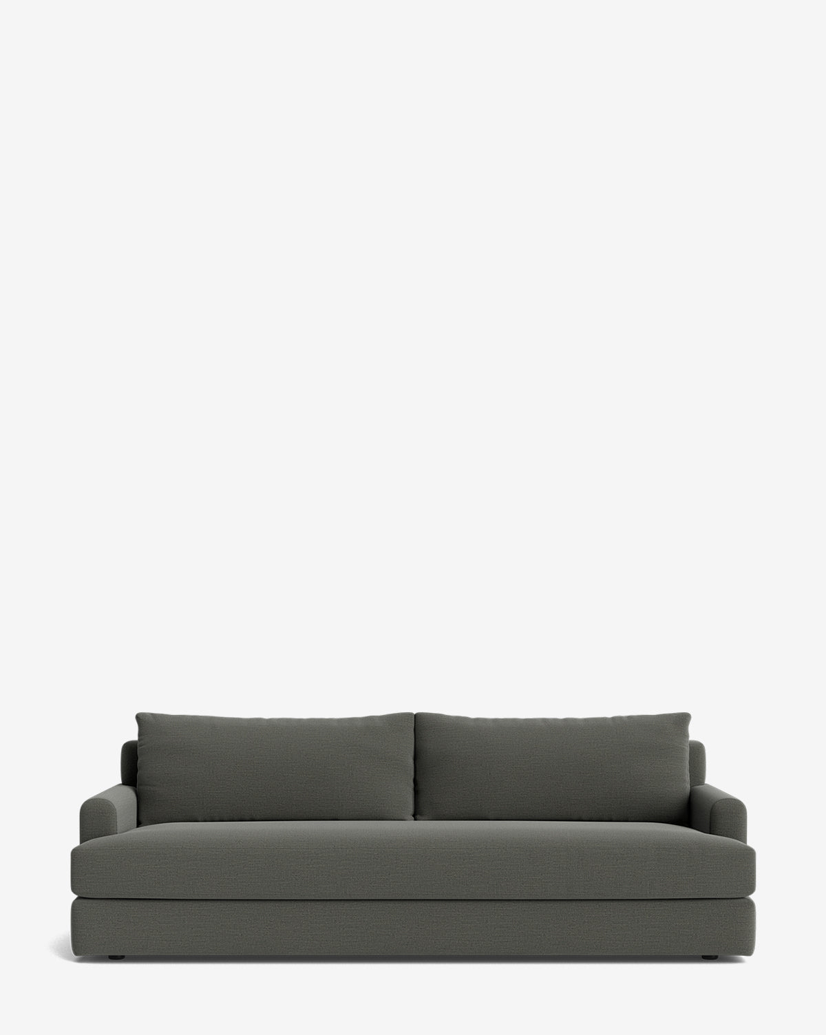The Winthrop Sofa 90 is a modern, dark gray upholstered contemporary sofa with two seat cushions and two backrest pillows, shown from the front against a plain white background, by McGee & Co.