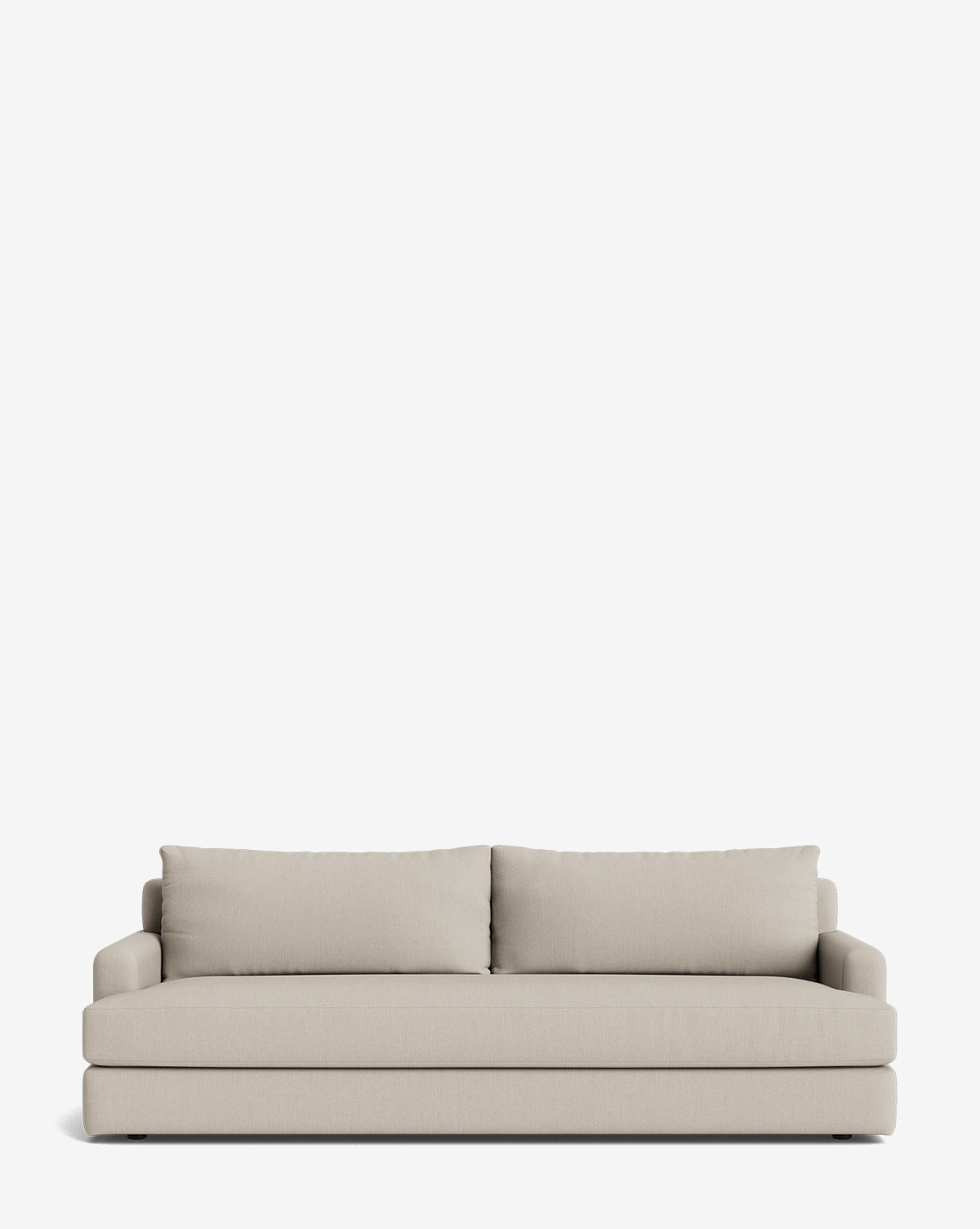 A light beige, contemporary Winthrop Sofa 90 with two seat cushions, two large backrest pillows, straight armrests, and a minimalist design sits against a plain white background by McGee & Co.
