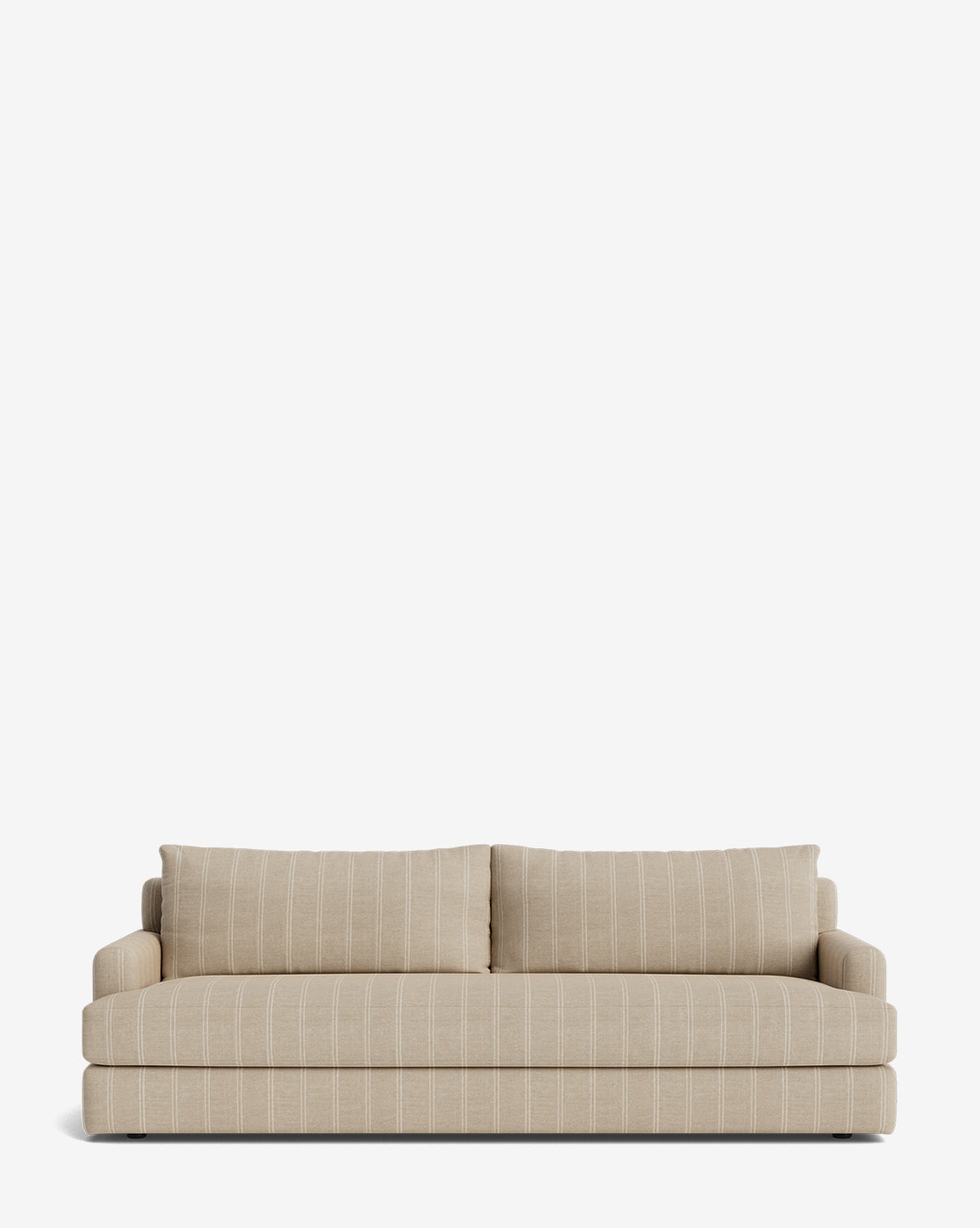The Winthrop Sofa 90 is a beige, two-seater contemporary sofa with subtle white vertical stripes, square armrests, and two large back cushions, shown against a plain white background by McGee & Co.