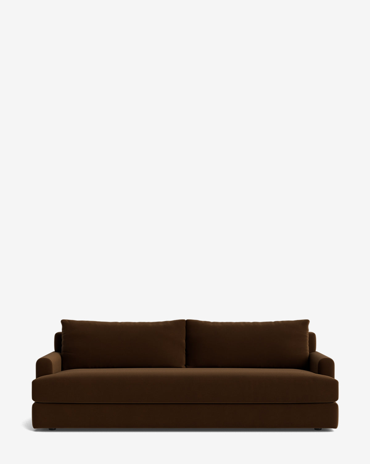 A modern, dark brown Winthrop Sofa 90 with two large back cushions and square arms sits against a plain white background—a contemporary piece perfect for any stylish living space by McGee & Co.
