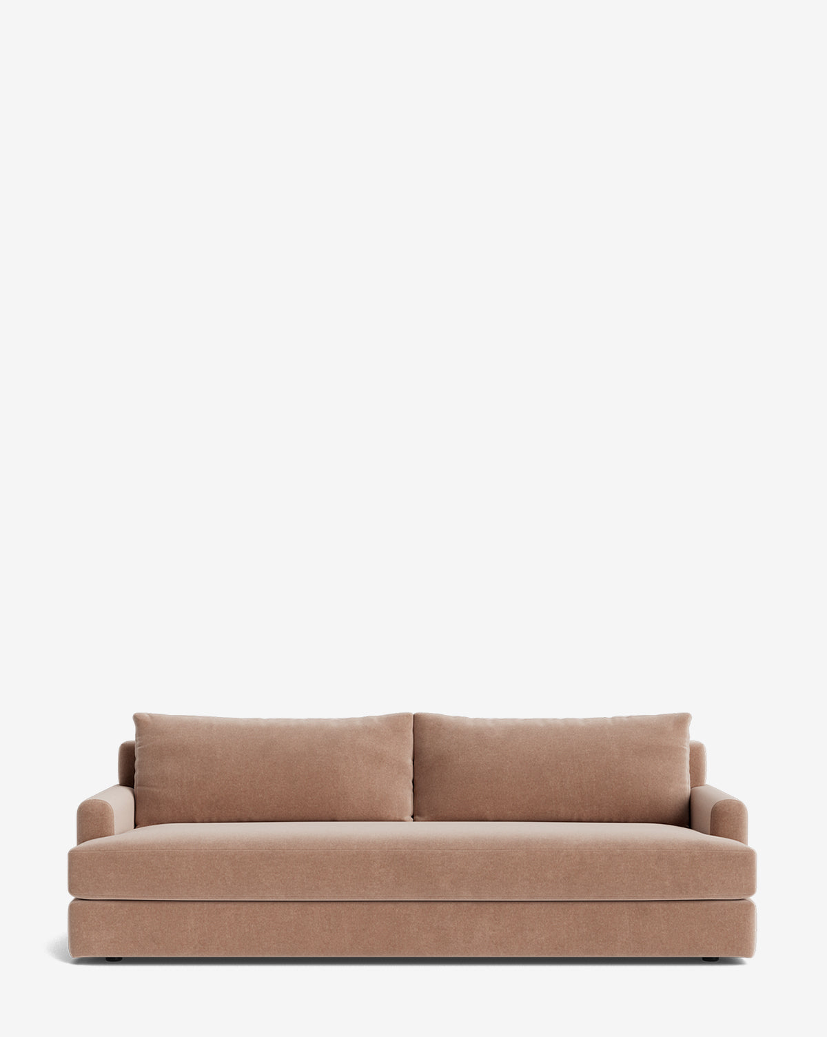 A contemporary, light brown Winthrop Sofa 90 with two large back cushions and wide armrests displayed against a plain white background by McGee & Co.