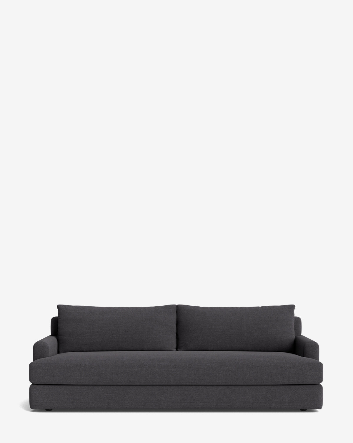 The Winthrop Sofa 90 features a dark gray, contemporary design with clean lines, two large back cushions, and armrests, shown against a plain white background by McGee & Co.