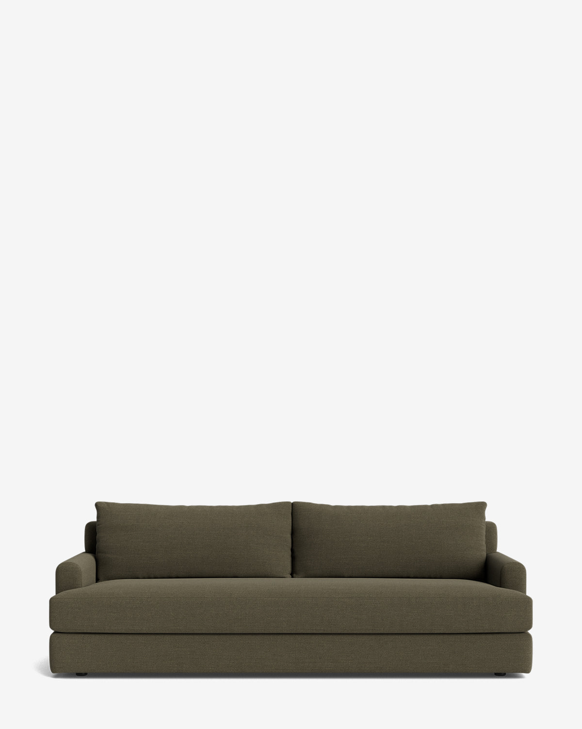 A modern olive-green Winthrop Sofa 90 with two large back cushions and low, squared armrests is set against a plain white background, blending contemporary style, comfort, and versatility for any living space, by McGee & Co.