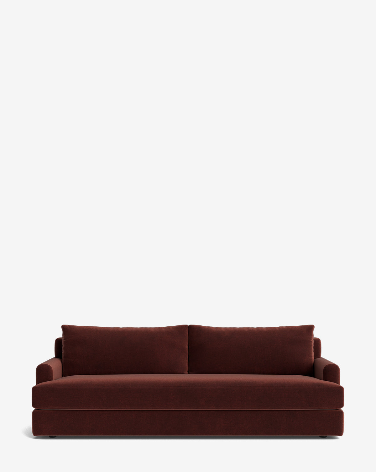 The Winthrop Sofa 90 is a modern, deep red piece with two large seat cushions and matching back cushions, featuring clean lines and a low profile for a sleek, contemporary look against a plain white background by McGee & Co.