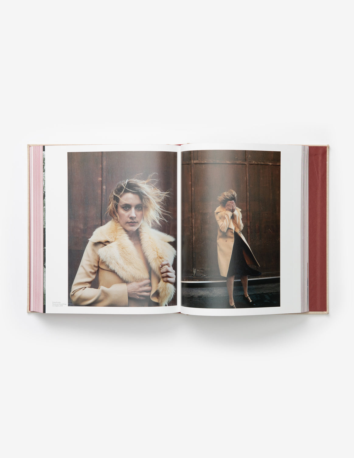 An open book displays two Annie Leibovitz-style fashion photos for Wonderland, featuring a windswept woman in a tan furry-collared coat against dark wood, exuding stylish, storybook charm.