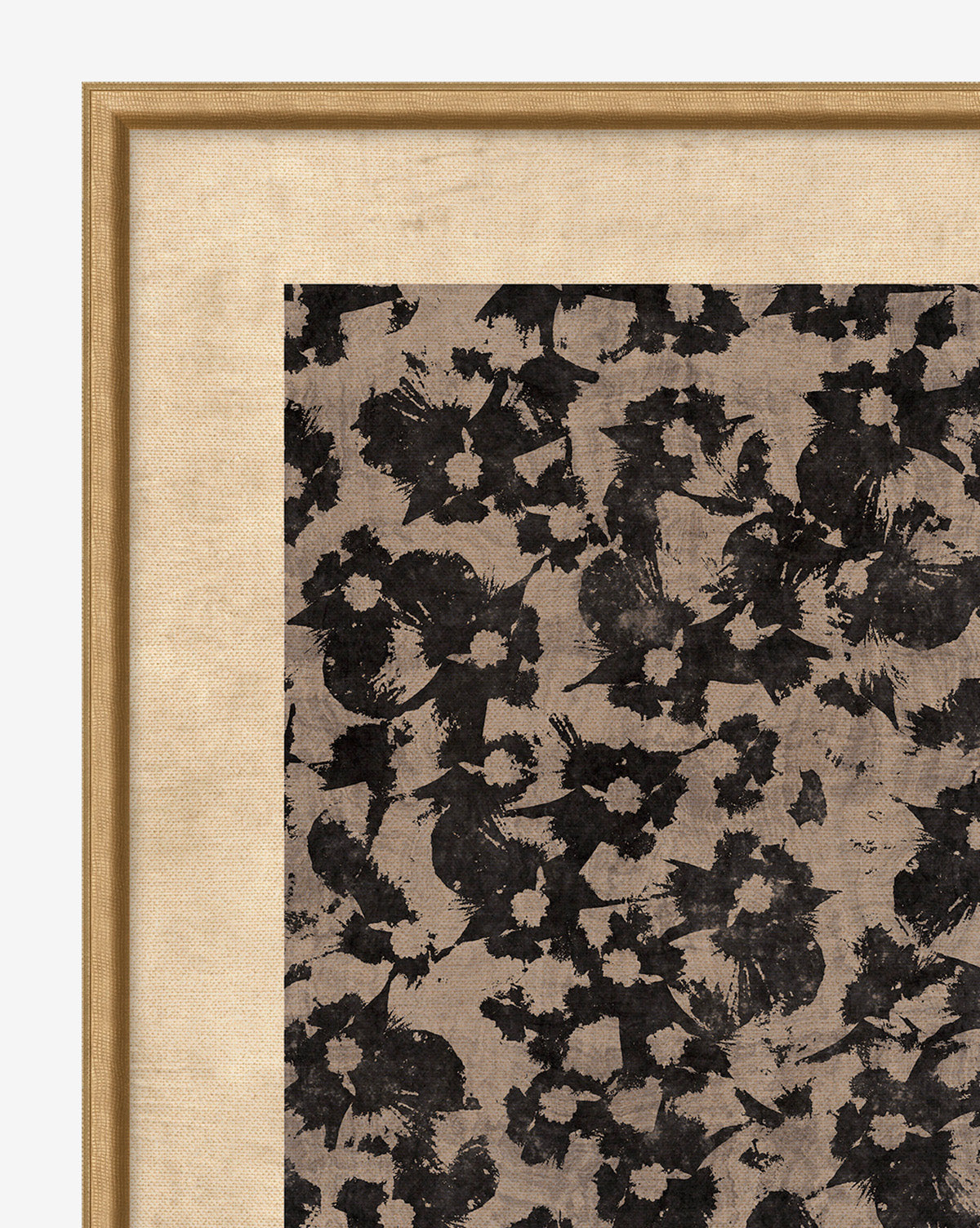 A close-up of the Woodblocked Botanical showcases its black floral design on a beige textured background, partially set within a light wood frame.