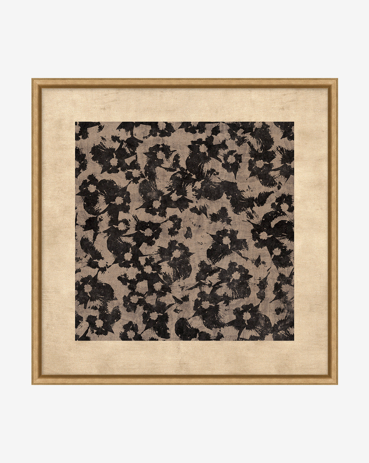 Woodblocked Botanical is a giclee print on canvas, featuring abstract black floral forms on a beige background. It’s presented in a simple light wood frame with a neutral mat, evoking scattered blossoms or brushstrokes for modern appeal.