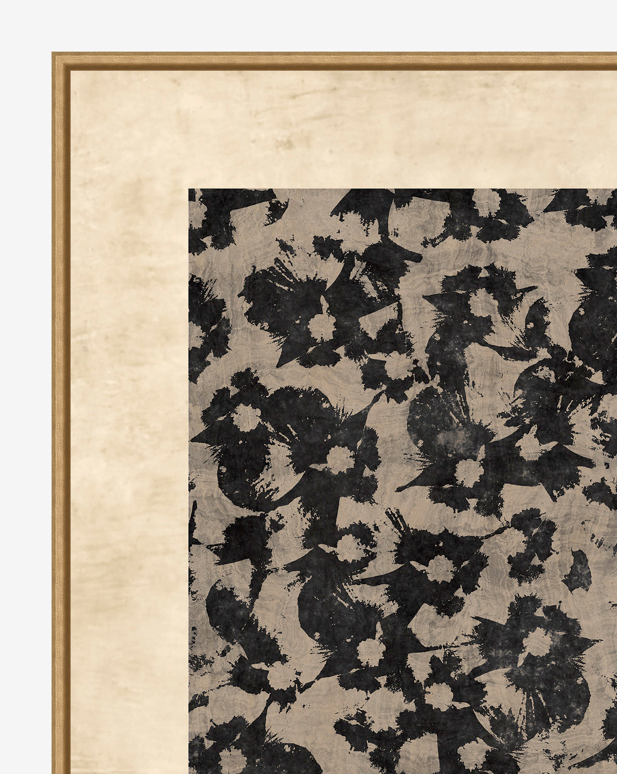 The Woodblocked Botanical is a framed abstract giclee print on canvas, showcasing irregular black floral shapes on a textured beige background. It features a light brown frame with a matte border for added elegance.