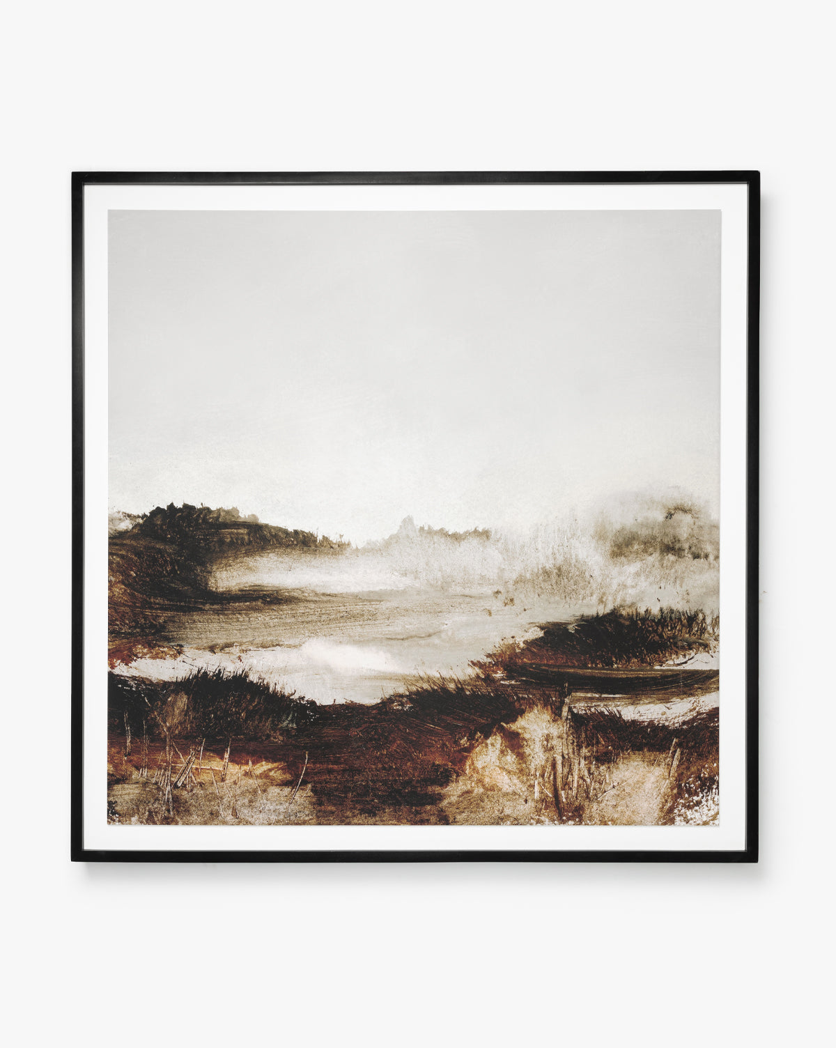 Gallery-quality framed artwork, Woodbury by Dan Hobday, features an expressive landscape in misty earthy tones. Textured brushstrokes evoke grass, water, and distant hills beneath a pale sky for a tranquil scene.