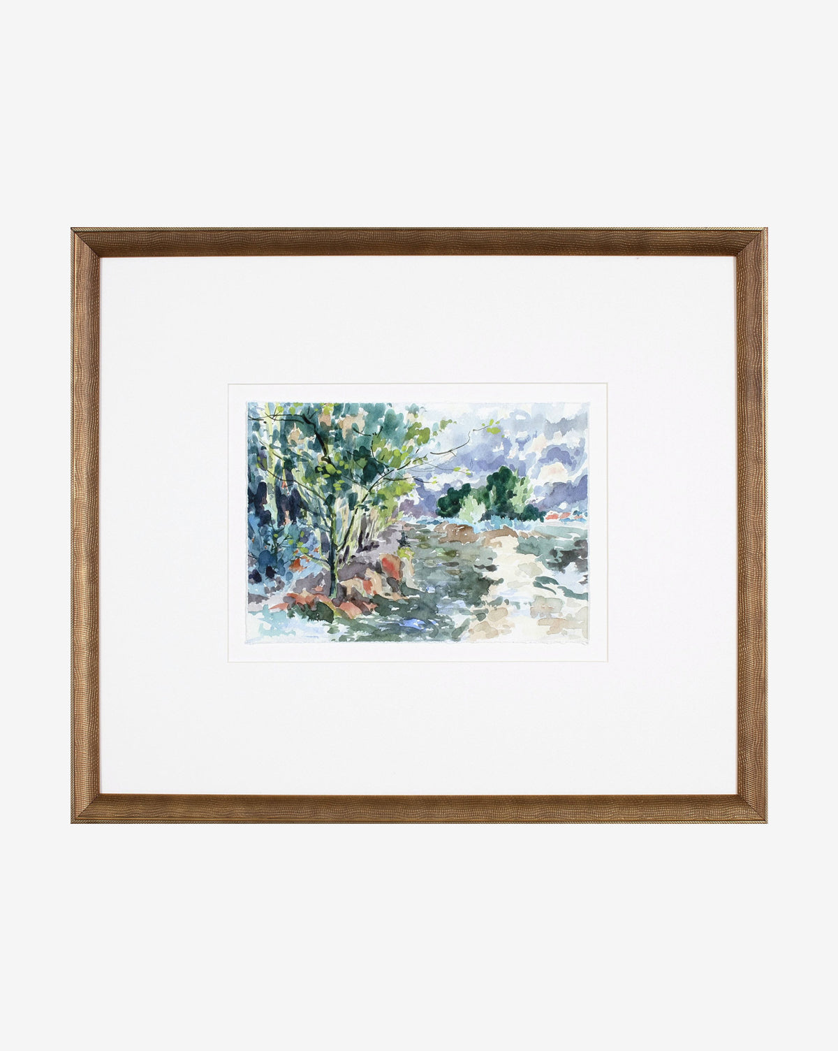 Woodnote 1: A framed watercolor landscape of trees and a path beneath a cloudy sky, painted in cool tones and presented with a wide white mat and simple wooden frame—an ideal addition to your gallery wall.